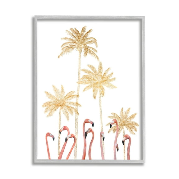 Stupell Industries Tall Flamingoes Golden Palm Trees over White Graphic Art Gray Framed Art Print Wall Art, 24x30, by Ziwei Li