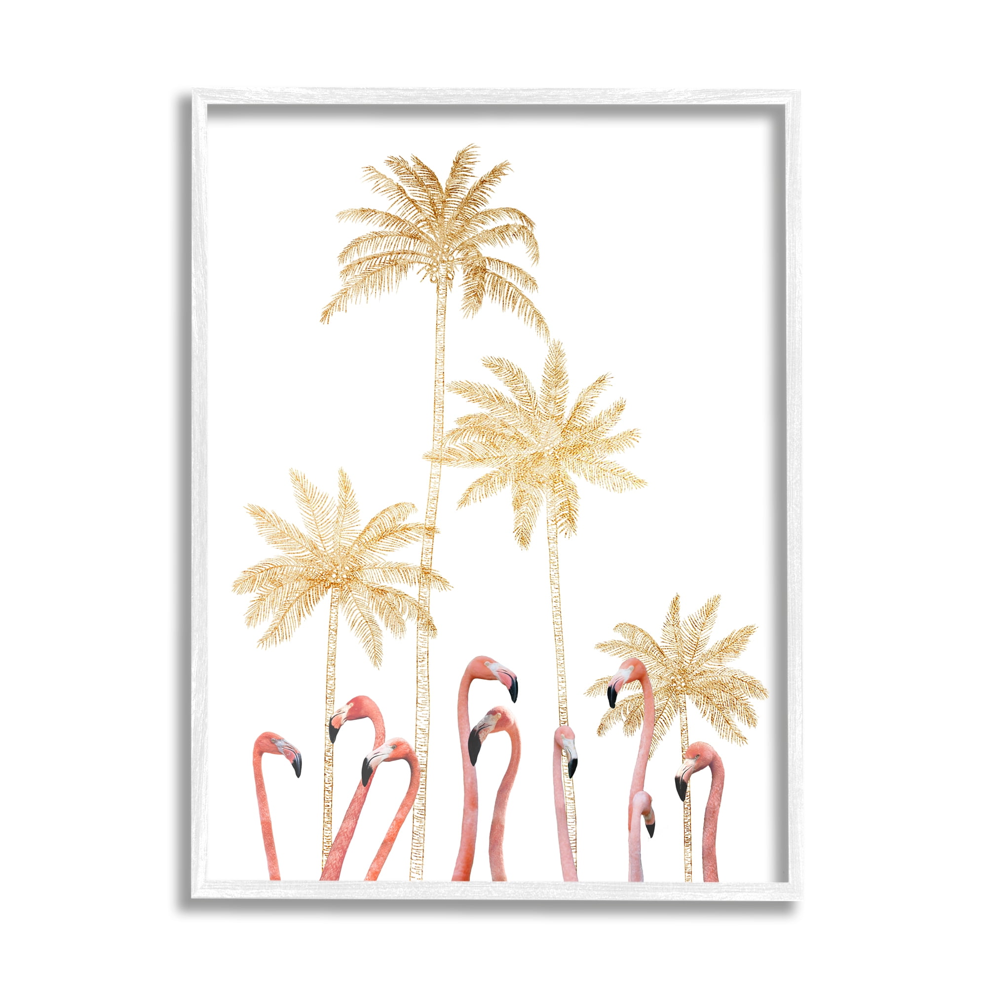 Stupell Industries Tall Flamingoes Golden Palm Trees over White Graphic Art White Framed Art Print Wall Art, 16x20, by Ziwei Li