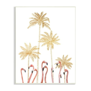 Stupell Industries Tall Flamingoes Golden Palm Trees over White Wall Plaque by Ziwei Li