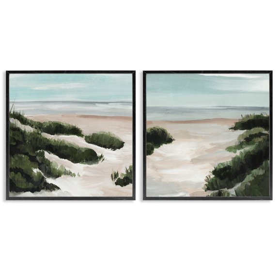 Stupell Industries Tropical Tall Grass Sand Dunes Soft Wave Beach Black 2pc Framed Giclee Art Set, 24 x 24 each, by Annie Warren