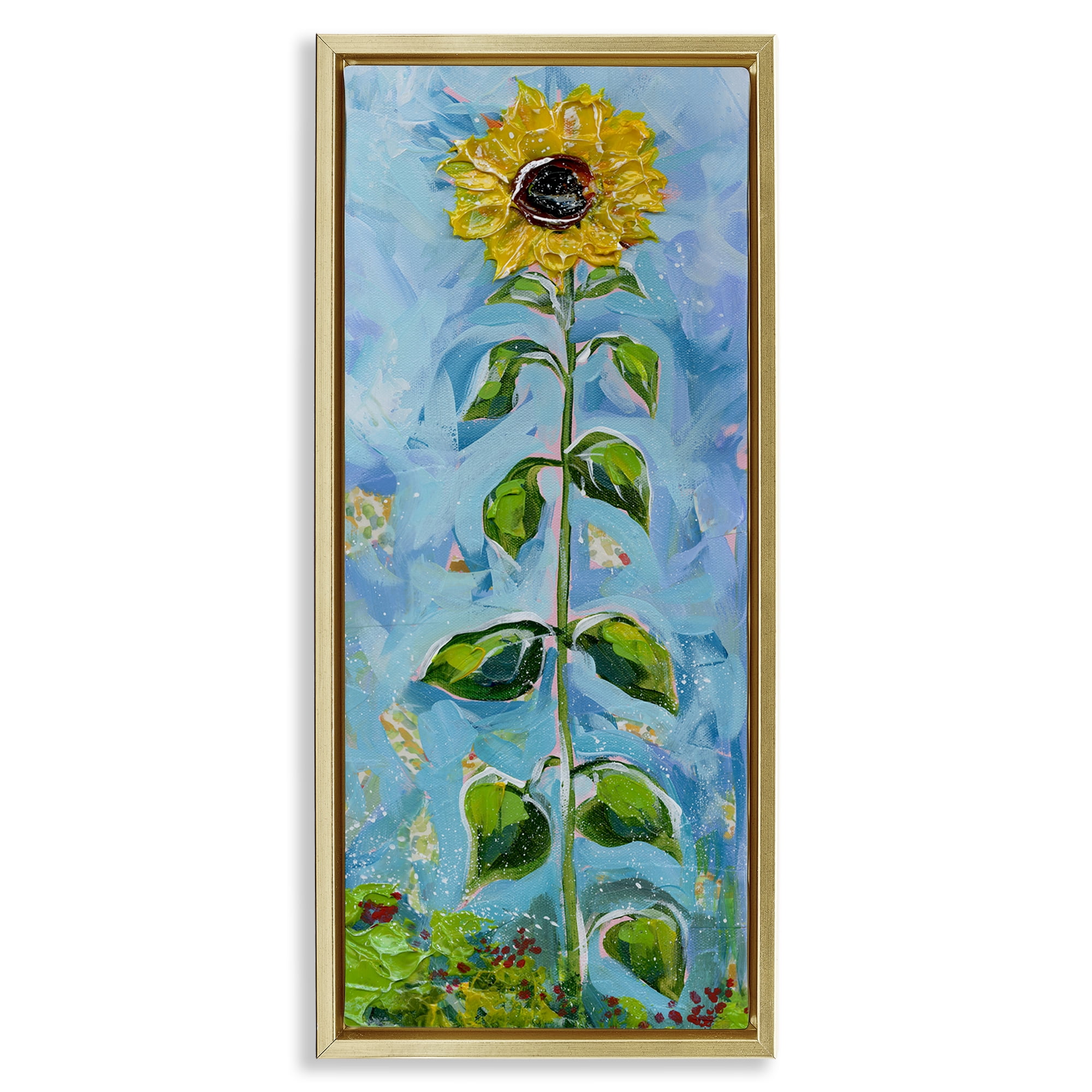 Stupell Industries Tall Looming Sunflower Plants & Flowers Painting Gold Floater Framed Canvas Art Print Wall Art, 11 x 25