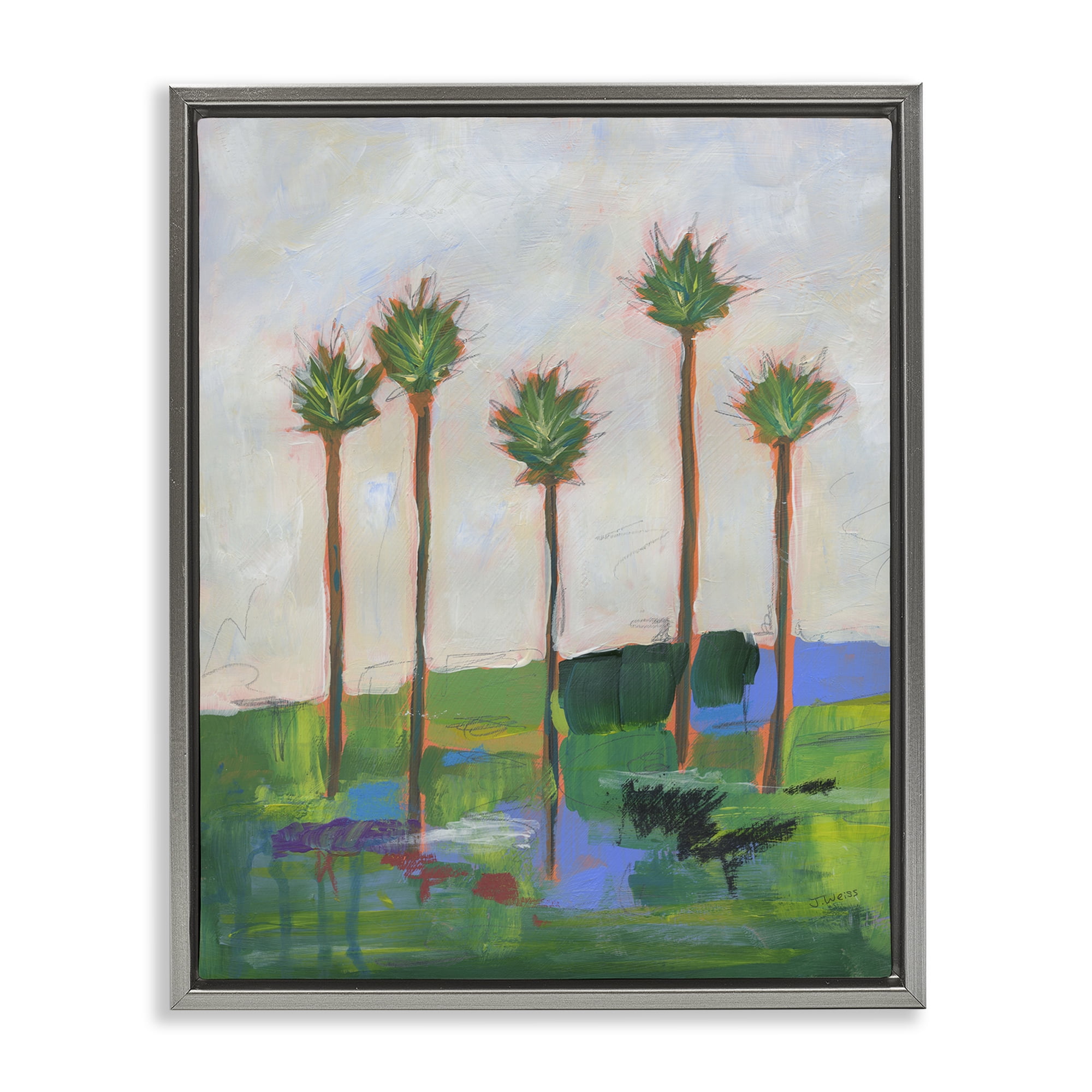 Stupell Industries Tall Palms Impression Landscape & Nature Painting Gray Floater Framed Canvas Art Print Wall Art, 17 x 21