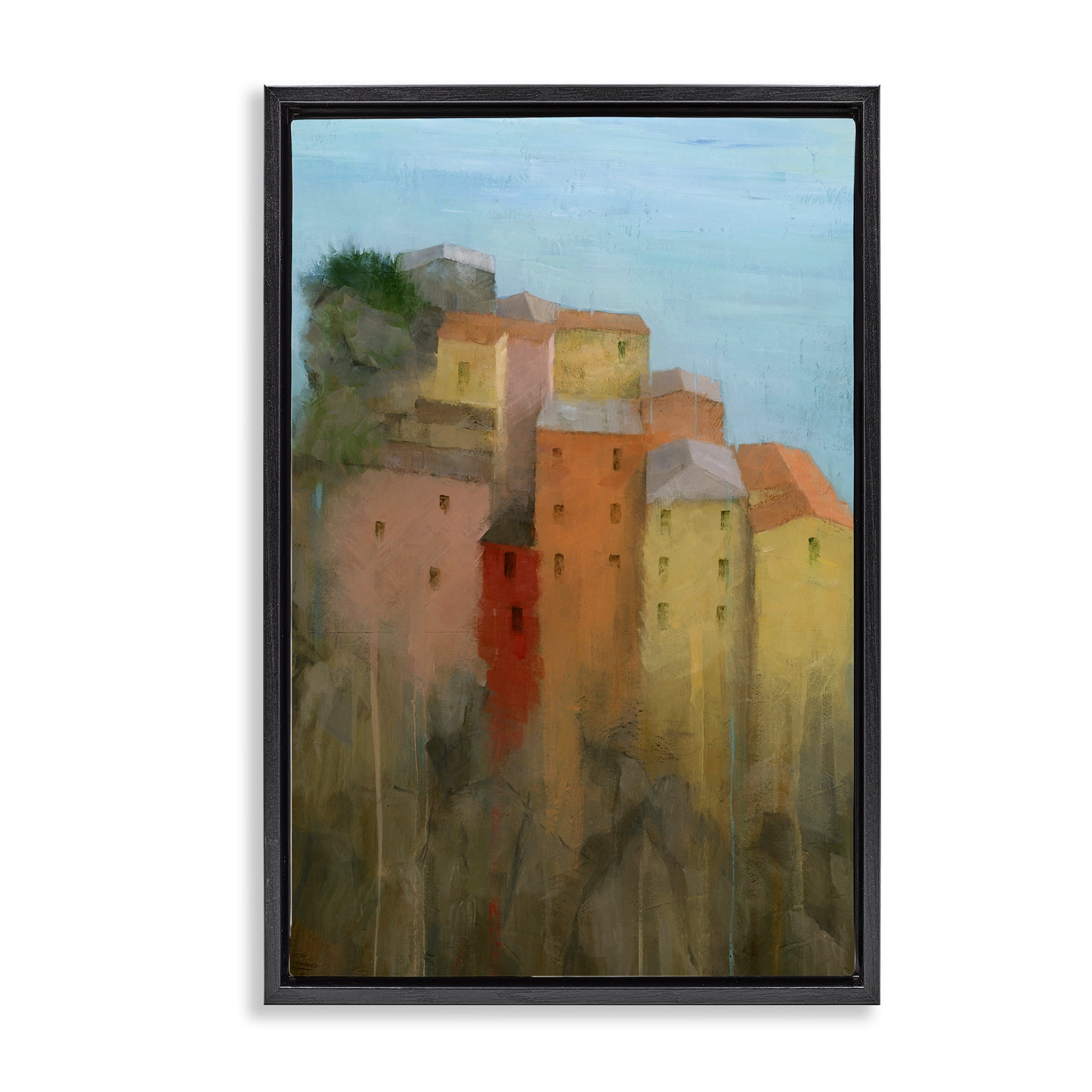 Stupell Industries Tall Seaside Architecture Buildings & Architecture Painting Black Floater Framed Canvas Art Print Wall Art, 21 x 31