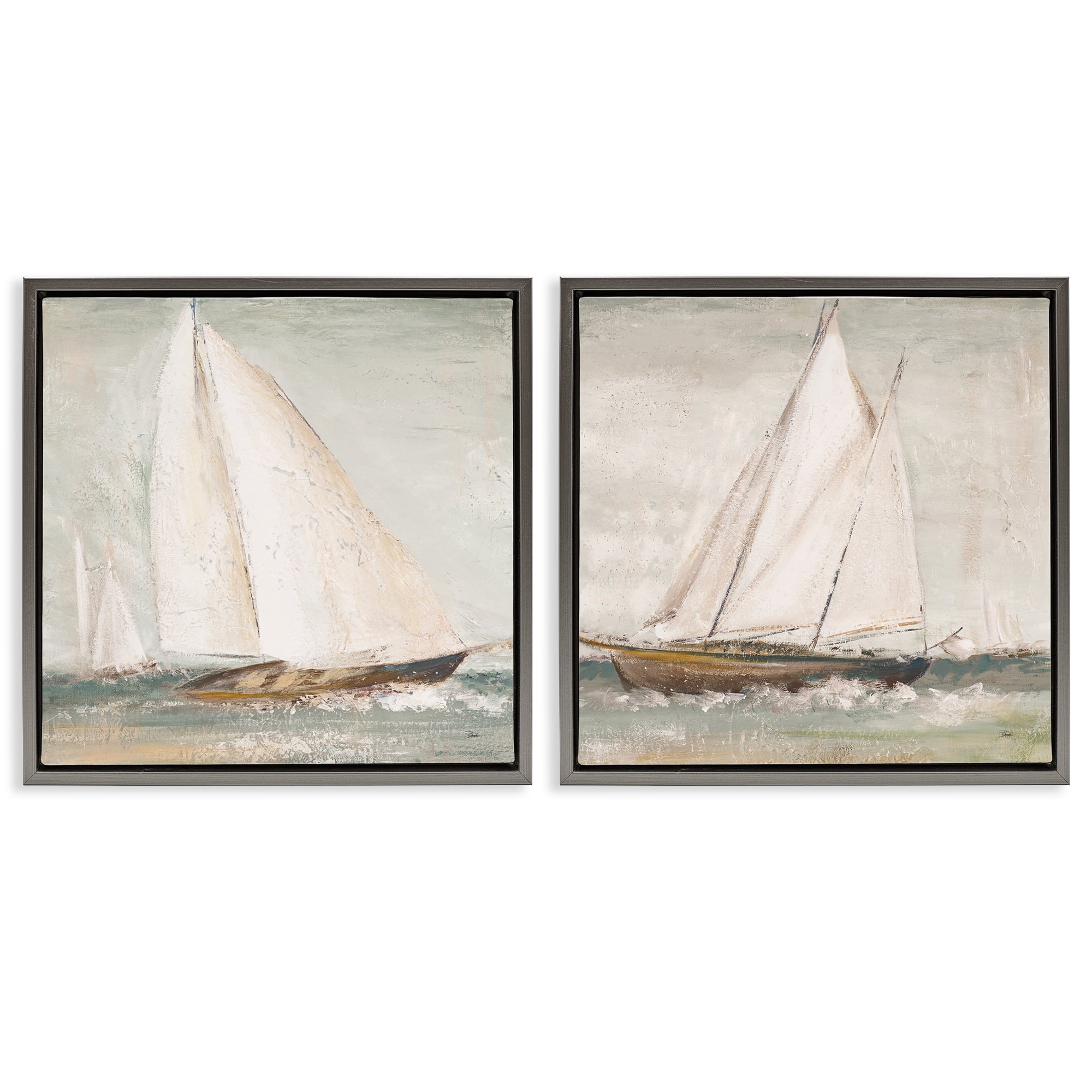 Stupell Industries Tall Ships at Sea Nautical & Beach Painting Gray Floater Framed Canvas Art Print Wall Art, 18 x 18, Set of 2