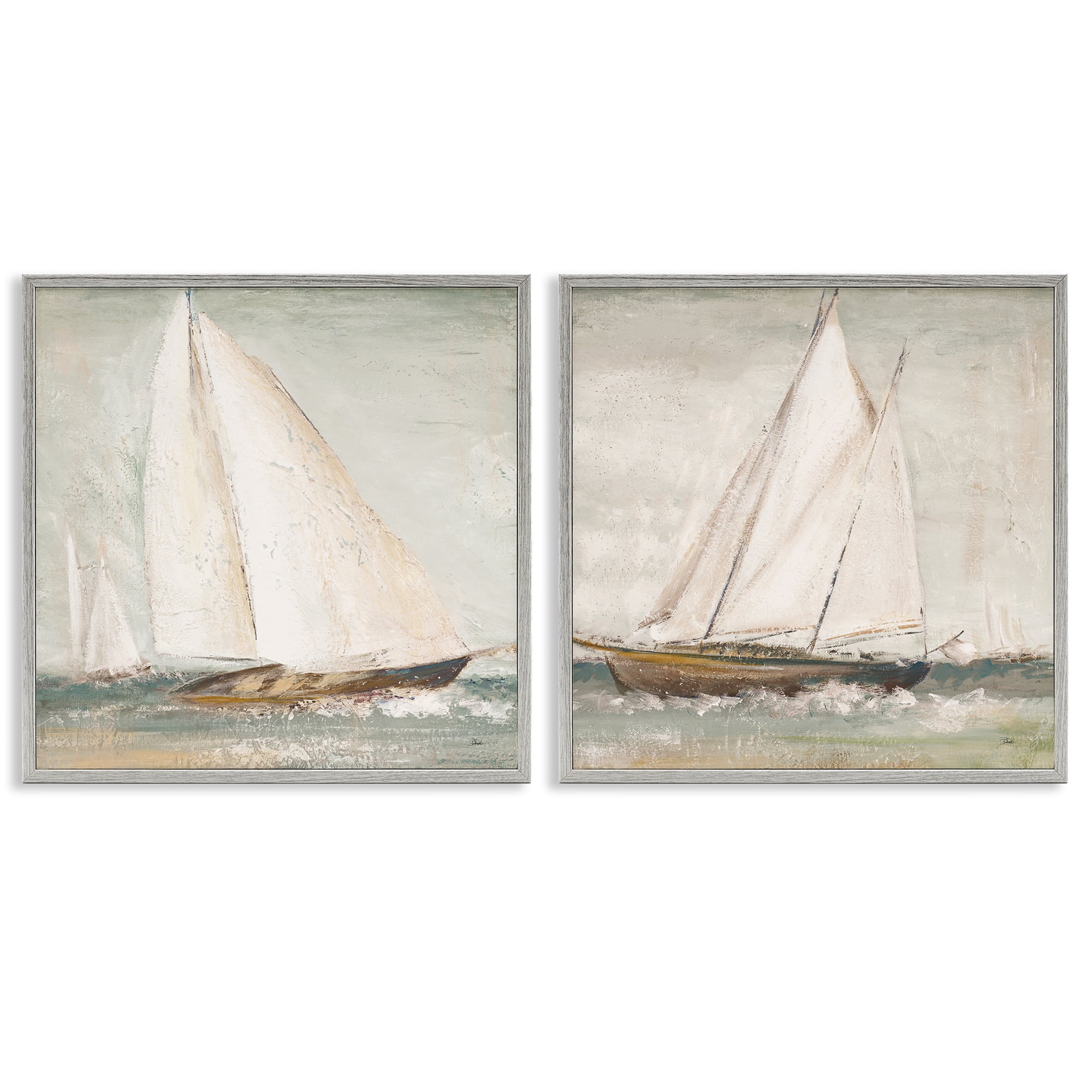 Stupell Industries Tall Ships at Sea Nautical & Beach Painting Gray Framed Art Print Wall Art, 24 x 24, Set of 2
