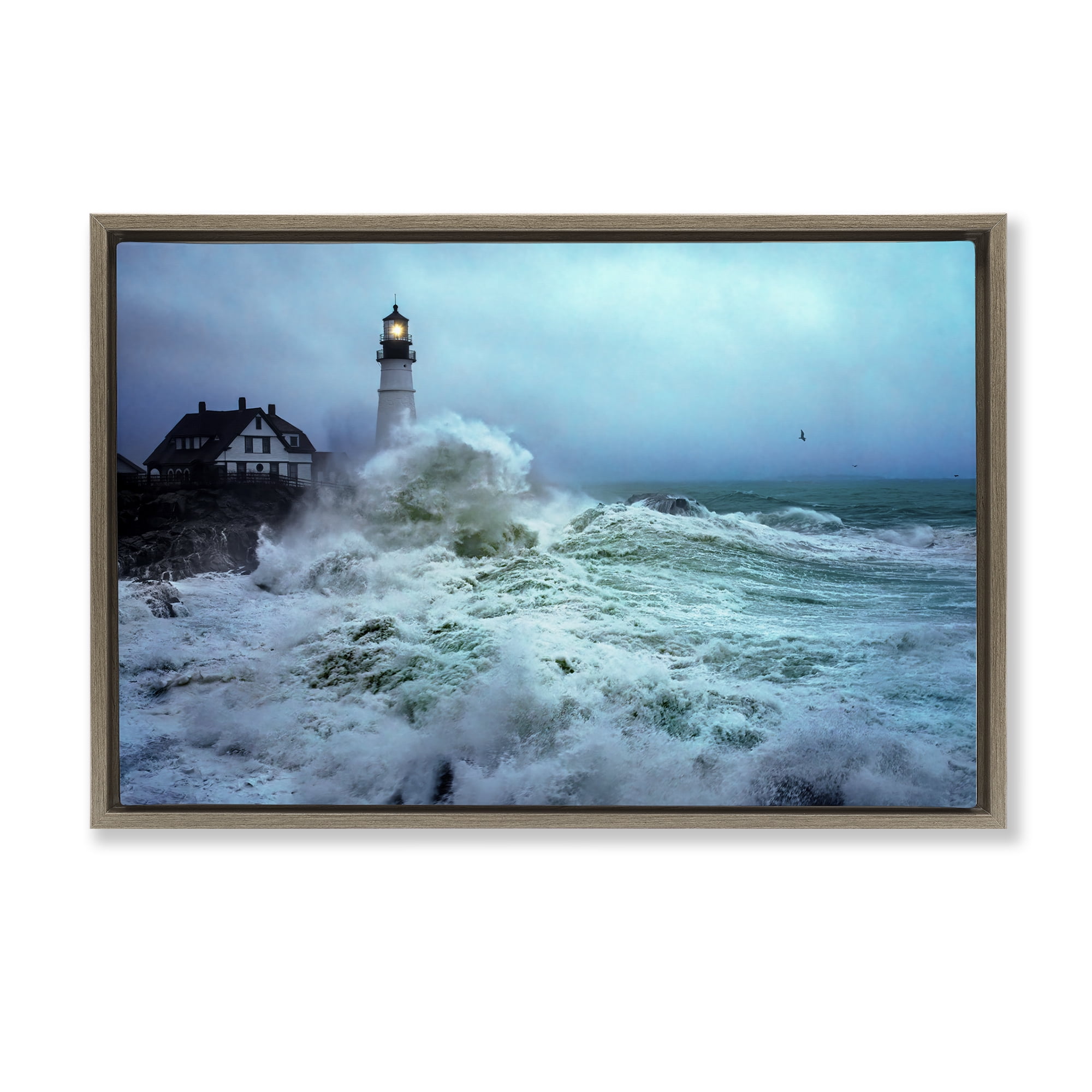 Stupell Industries Tall Splashing Waves Lighthouse Nautical & Beach Photography Brown Floater Framed Canvas Art Print Wall Art, 25 x 17
