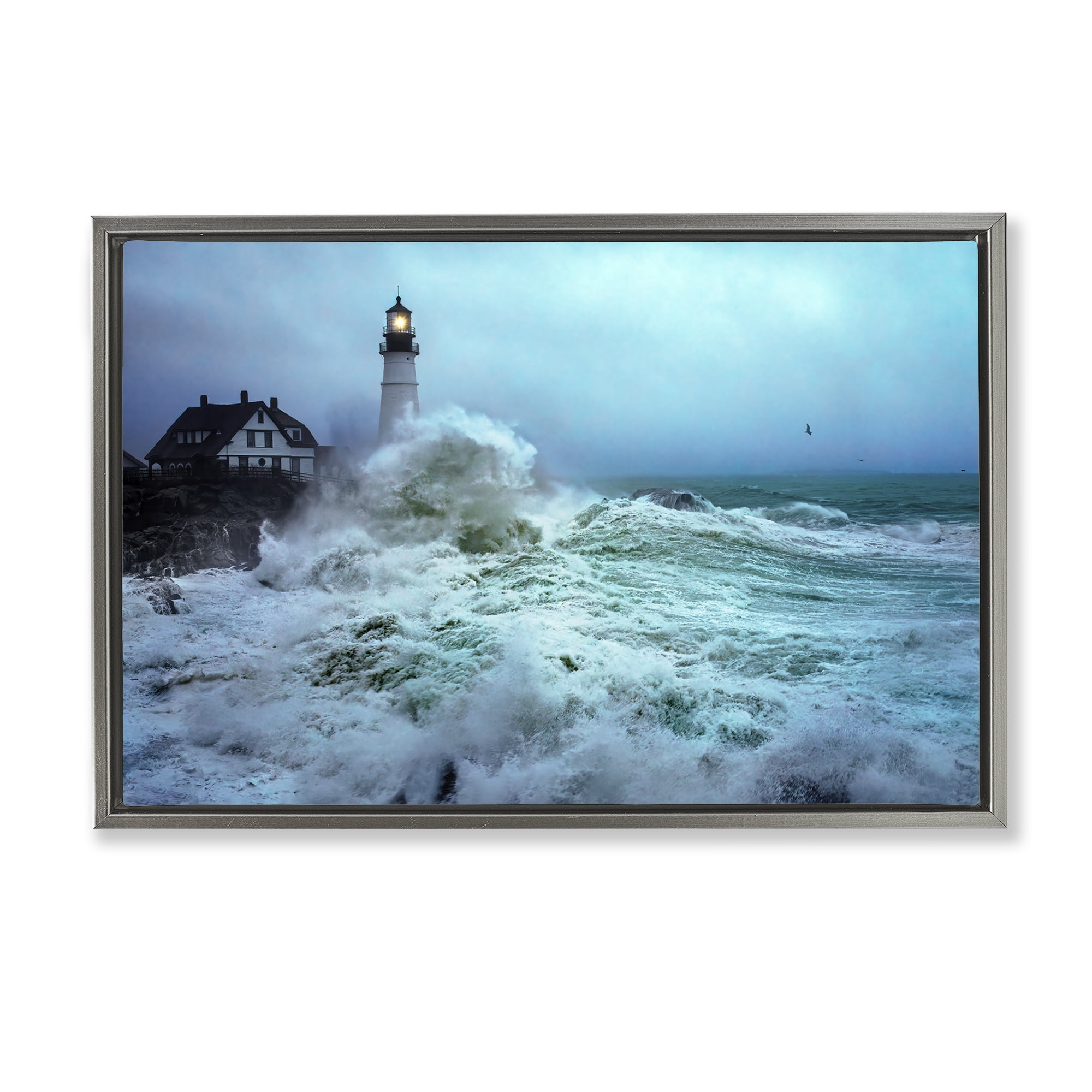 Stupell Industries Tall Splashing Waves Lighthouse Nautical & Beach Photography Gray Floater Framed Canvas Art Print Wall Art, 25 x 17