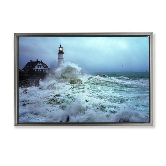 Stupell Industries Tall Splashing Waves Lighthouse Nautical & Beach Photography Gray Floater Framed Canvas Art Print Wall Art, 31 x 21