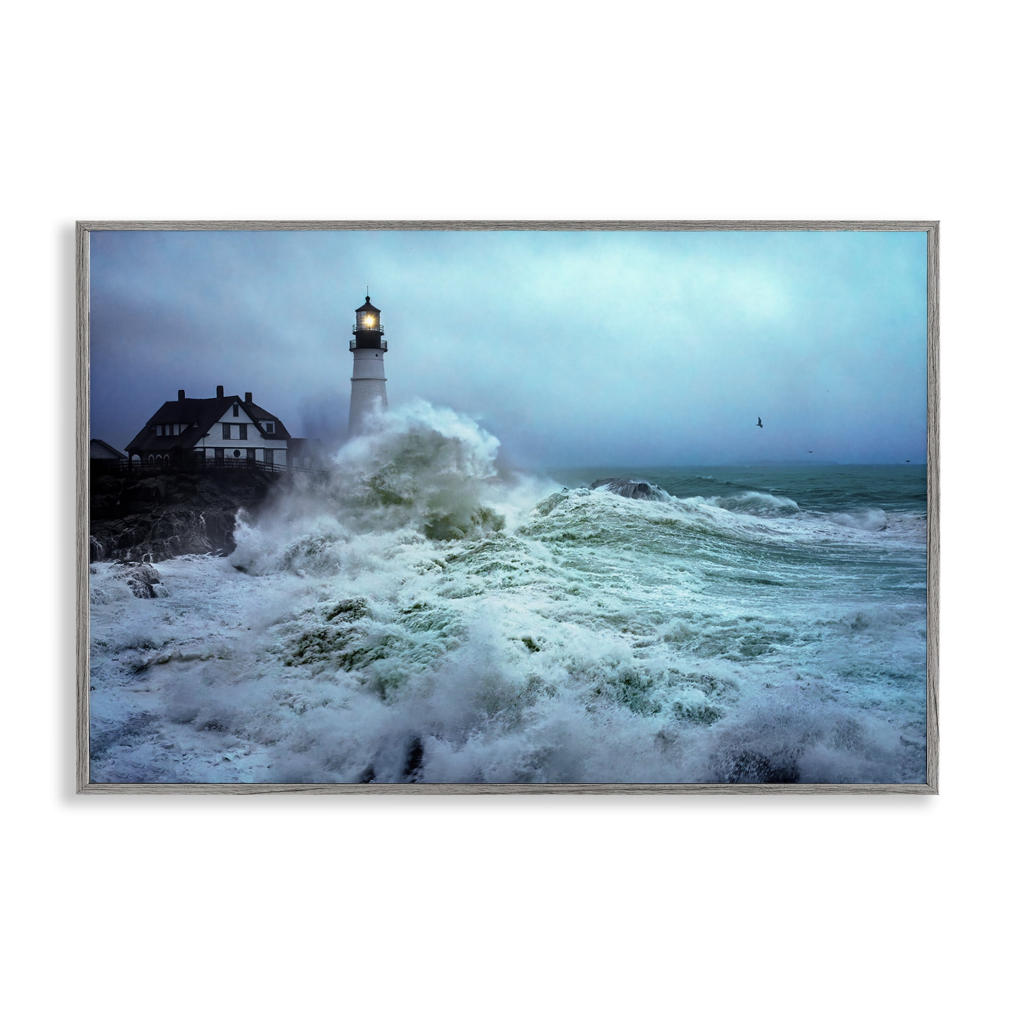 Stupell Industries Tall Splashing Waves Lighthouse Nautical & Beach Photography Gray Framed Art Print Wall Art, 30 x 20