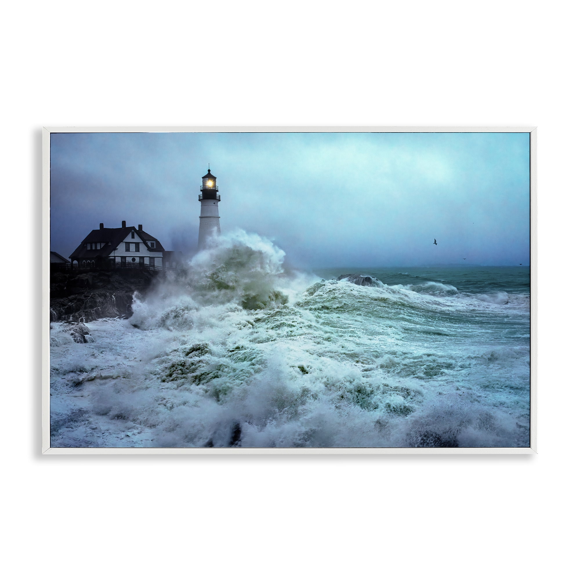 Stupell Industries Tall Splashing Waves Lighthouse Nautical & Beach Photography White Framed Art Print Wall Art, 30 x 20