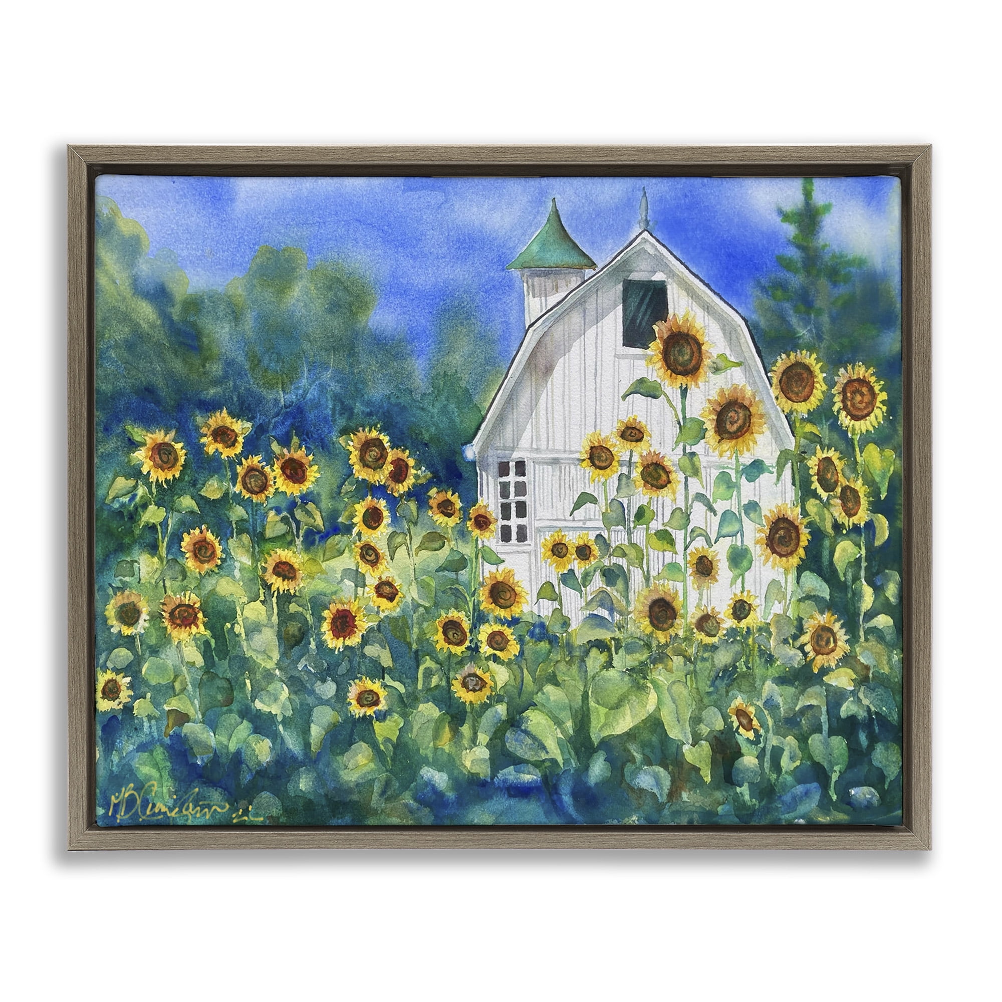 Stupell Industries Tall Sunflowers & Country Barn Landscape Painting Brown Floater Framed Canvas Art Print Wall Art, 21 x 17