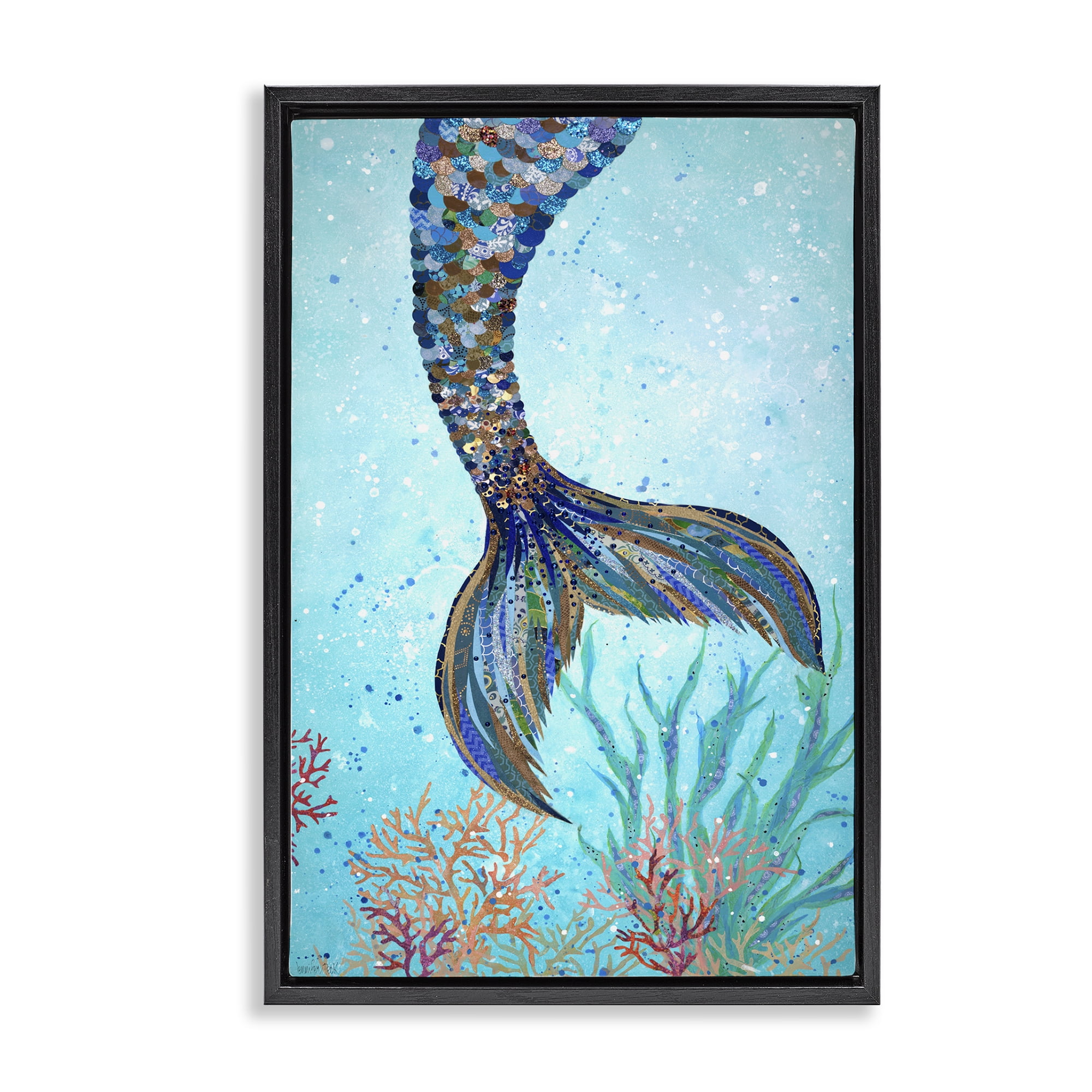Stupell Industries Tall Tails Mermaid Fairy Tales & Fantasy Painting Black Floater Framed Canvas Art Print Wall Art, 21 x 31