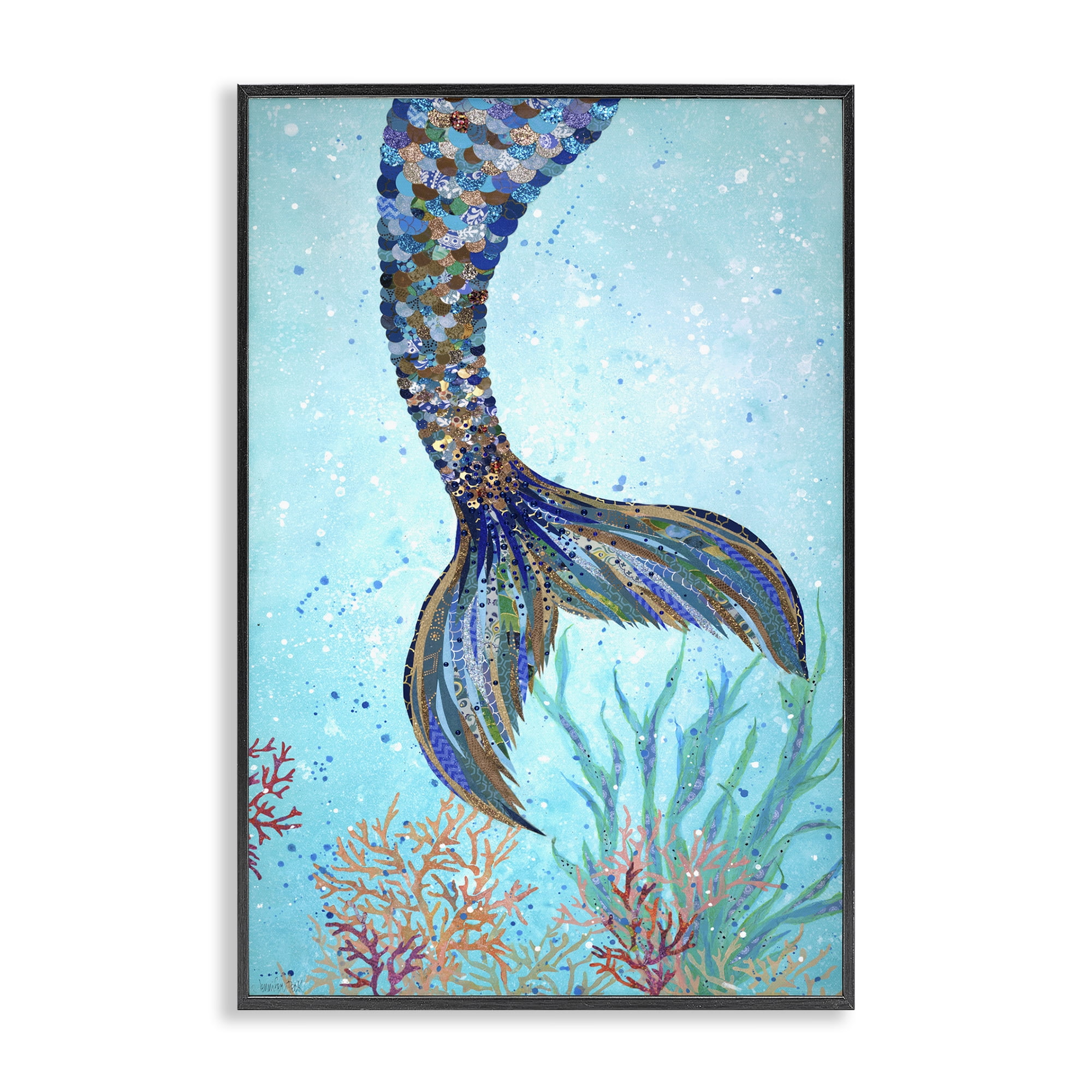 Stupell Industries Tall Tails Mermaid Fairy Tales & Fantasy Painting Black Framed Art Print Wall Art, 12 x 18