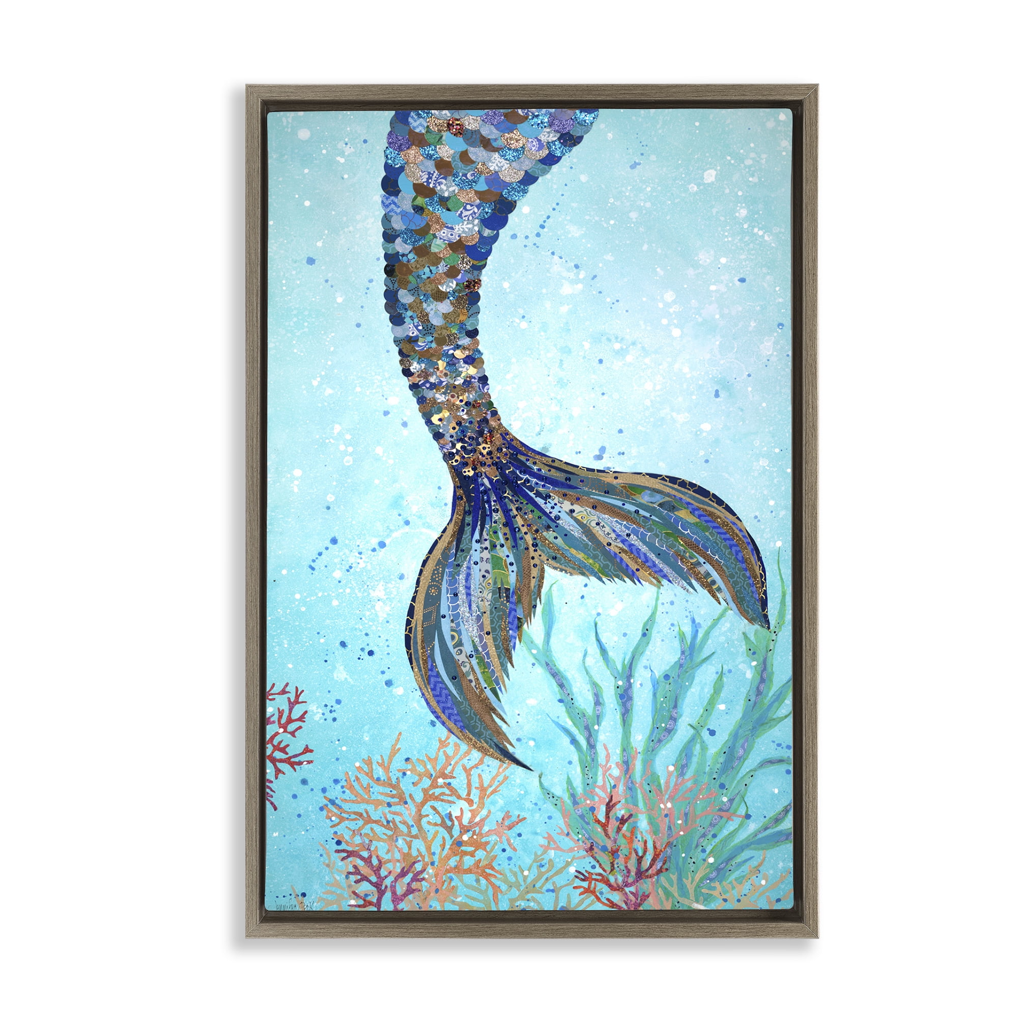 Stupell Industries Tall Tails Mermaid Fairy Tales & Fantasy Painting Brown Floater Framed Canvas Art Print Wall Art, 17 x 25