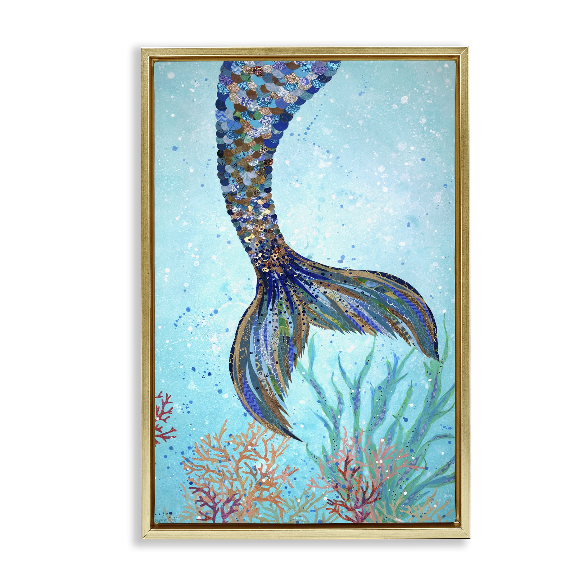 Stupell Industries Tall Tails Mermaid Fairy Tales & Fantasy Painting Gold Floater Framed Canvas Art Print Wall Art, 21 x 31