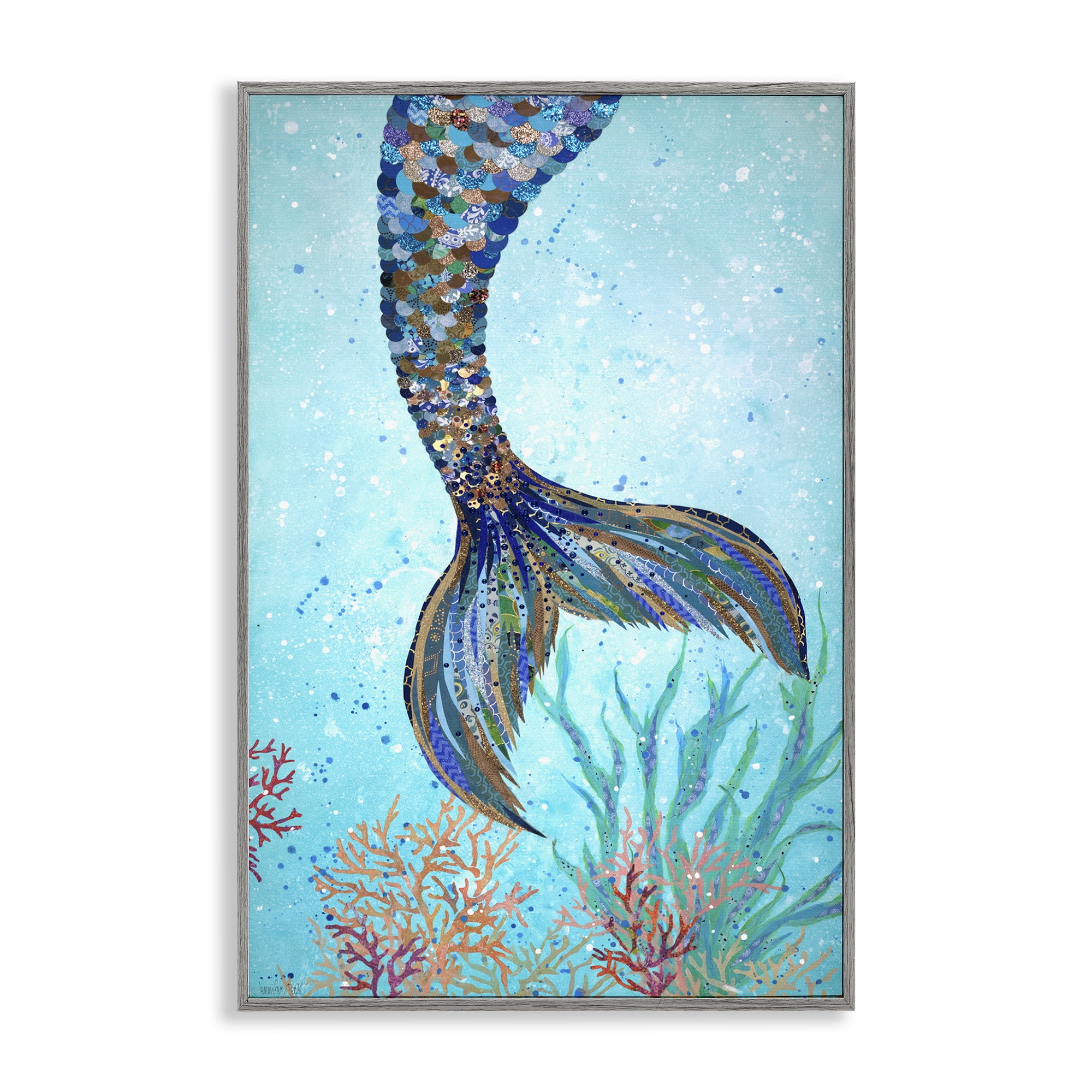Stupell Industries Tall Tails Mermaid Fairy Tales & Fantasy Painting Gray Framed Art Print Wall Art, 12 x 18