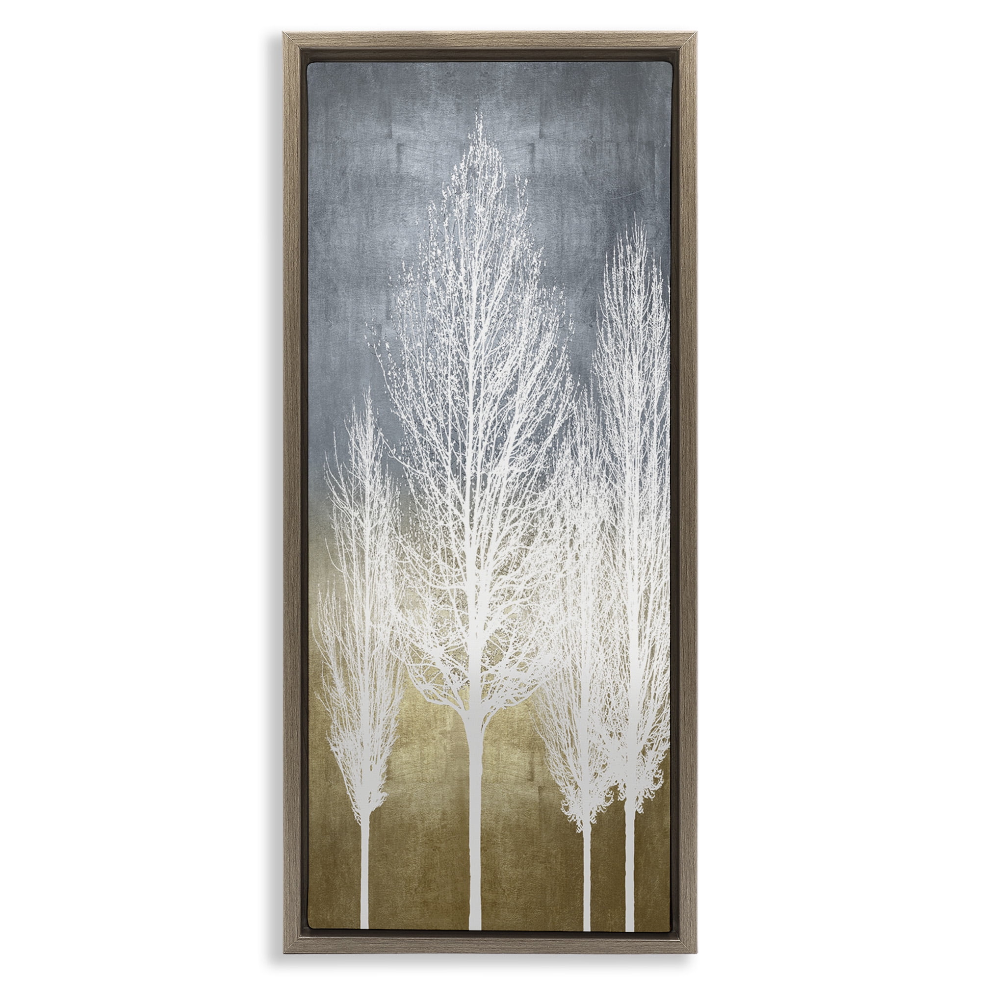 Tall White Tree Silhouettes Abstract Landscape Canvas Art in Brown Frame