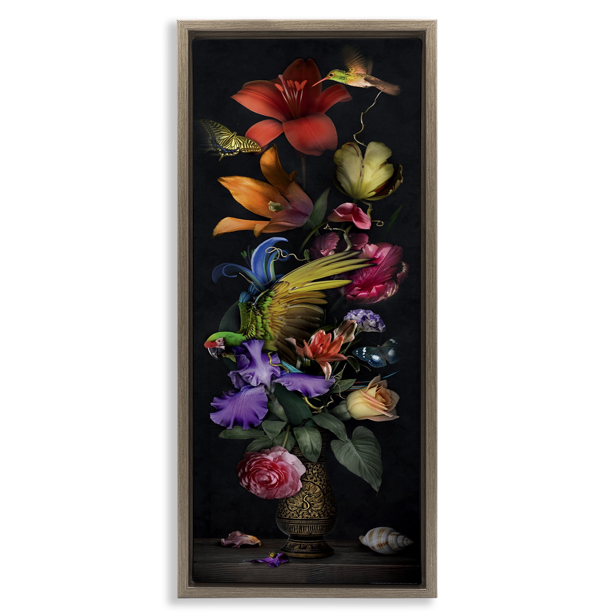 Stupell Industries Tall Vintage Lily Bouquet Plants & Flowers Painting Brown Floater Framed Canvas Art Print Wall Art, 11 x 25