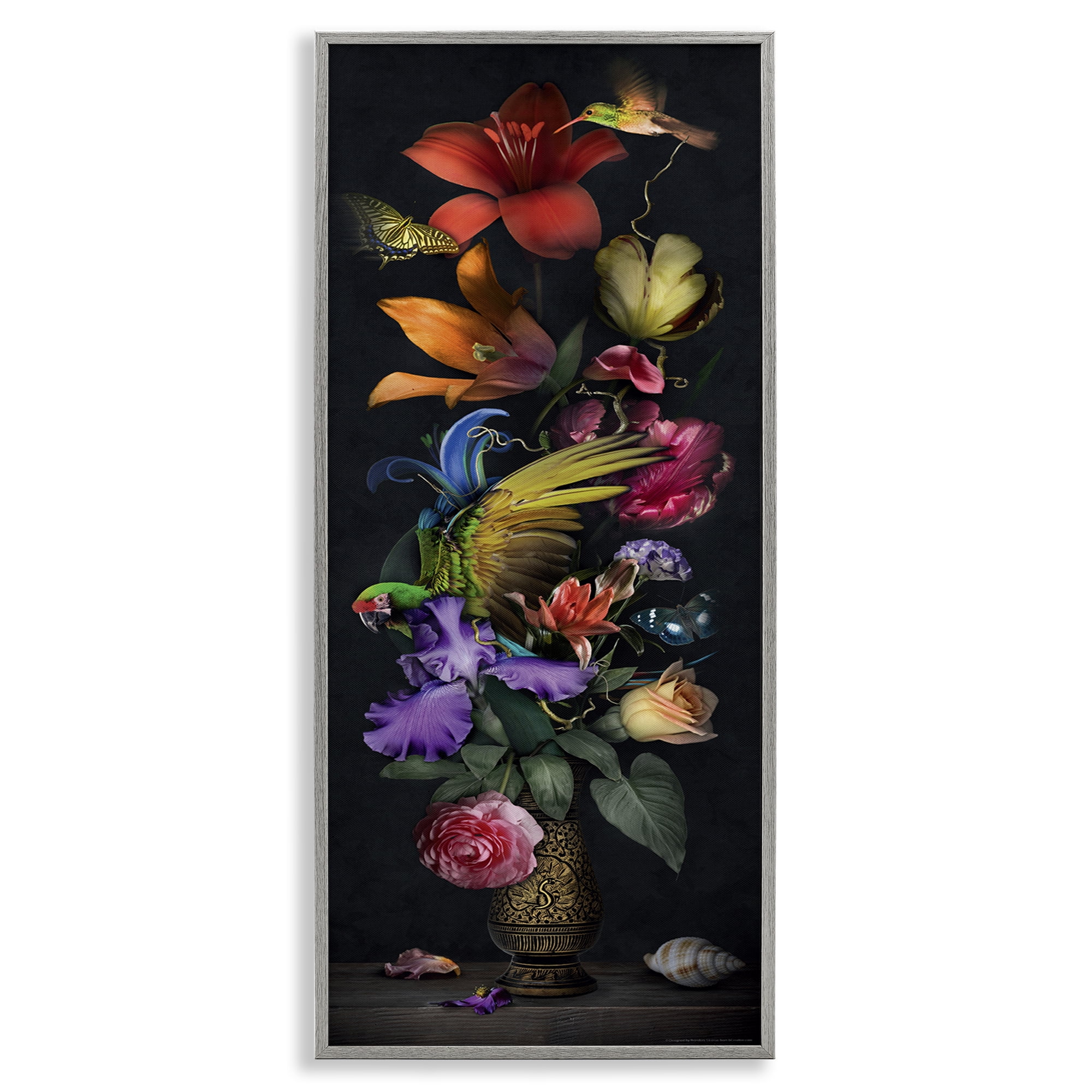 Stupell Industries Tall Vintage Lily Bouquet Plants & Flowers Painting Gray Framed Art Print Wall Art, 10 x 24