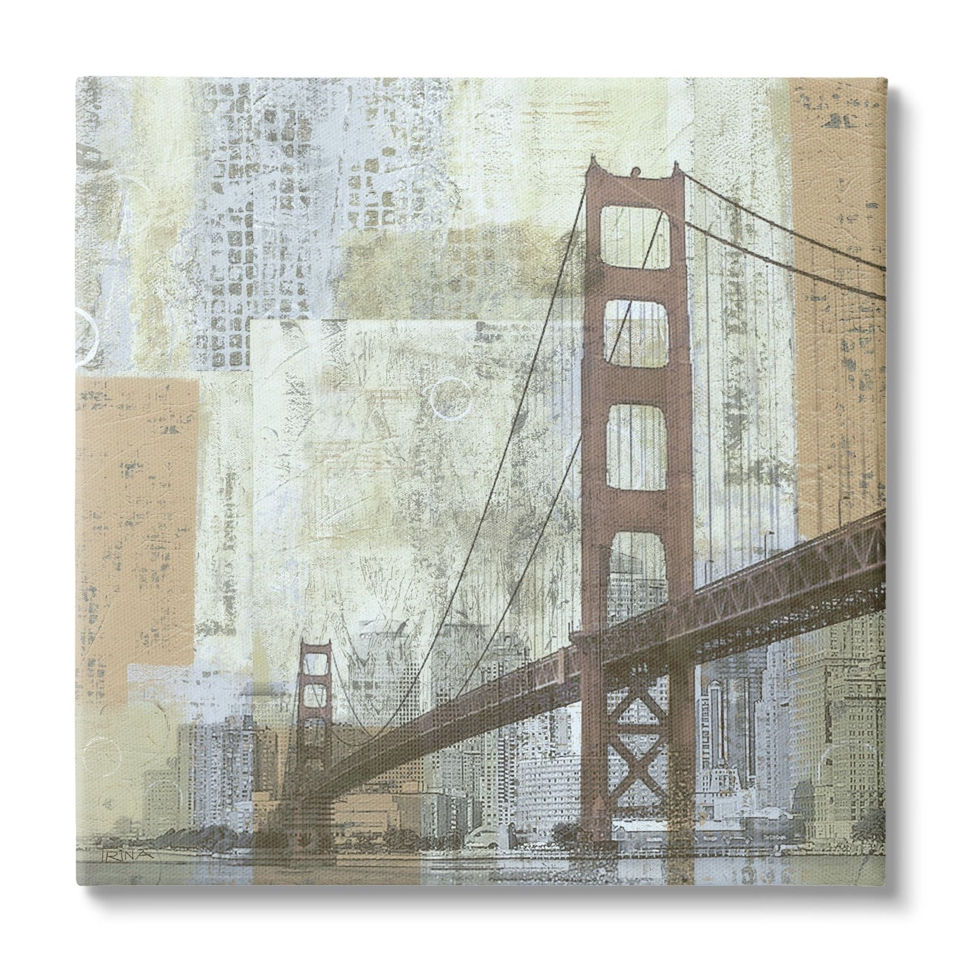 Stupell Industries Tall Water Bridge Abstract Blocked Metropolis City Modern Painting Gallery-Wrapped Canvas Print Wall Art, 17 x 17, Design by Katrina Craven