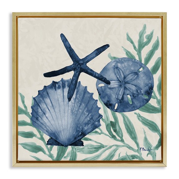 Stupell Industries Tampico Shells in Blue Gold Framed Floater Canvas Wall Art design by Paul Brent, 25 x 25