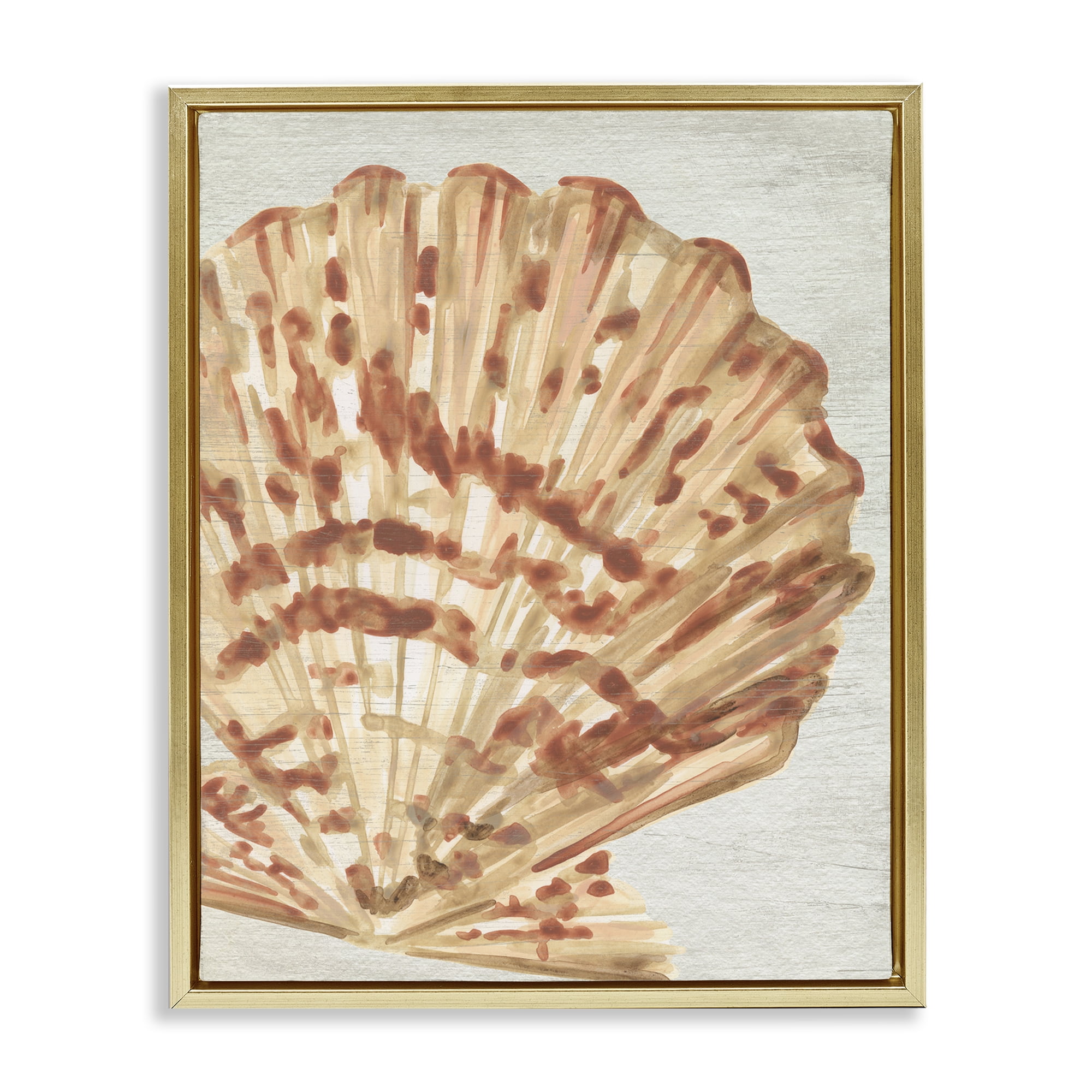 Stupell Industries Tan & Beige Clam Nautical & Beach Painting Gold Floater Framed Canvas Art Print Wall Art, 17 x 21