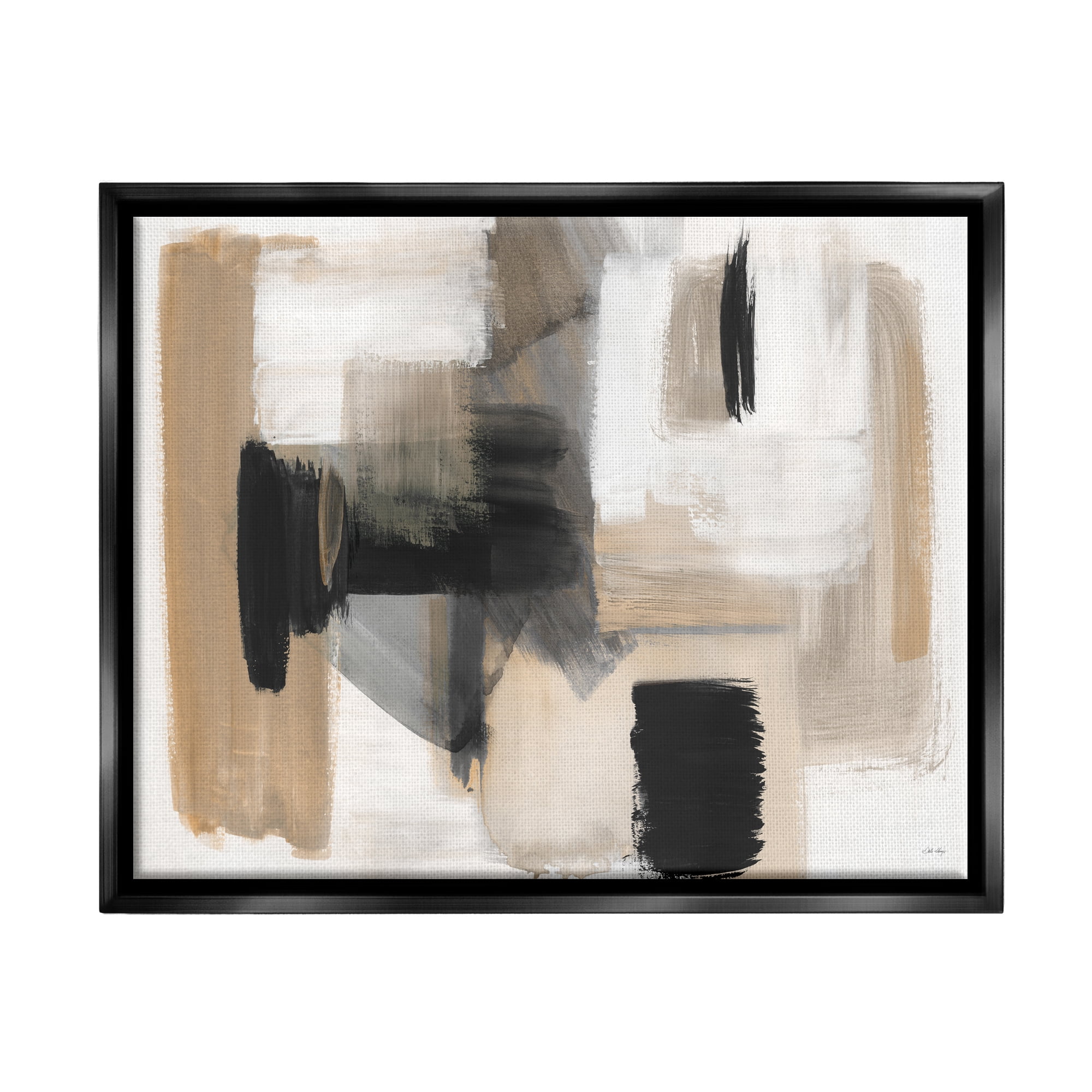 Stupell Industries Tan & Black Collage Abstract Painting Black Floater Framed Canvas Art Print Wall Art, 31 x 25