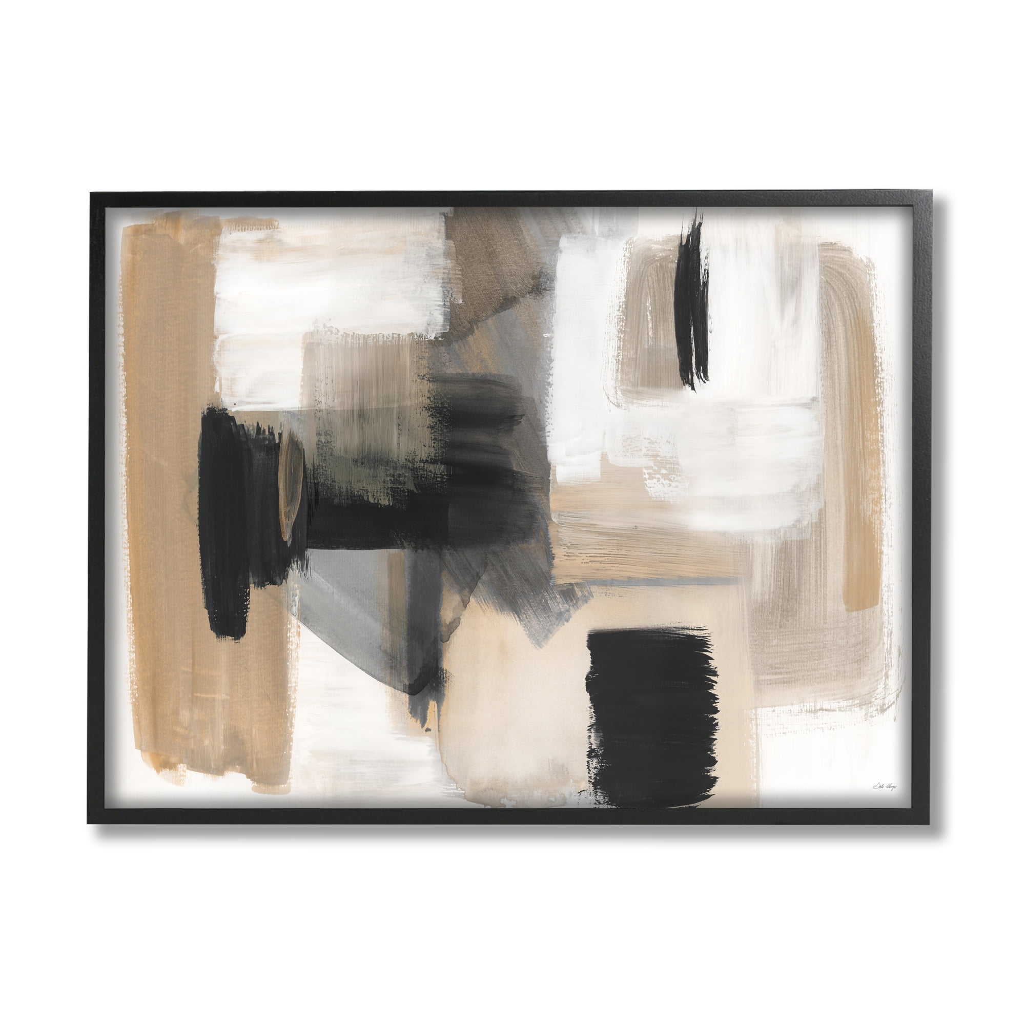 Stupell Industries Tan & Black Collage Abstract Painting Black Framed Art Print Wall Art, 30 x 24