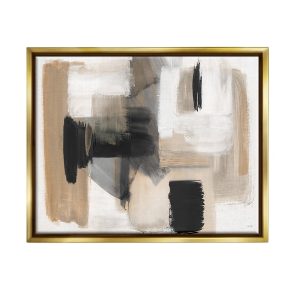 Stupell Industries Tan & Black Collage Abstract Painting Gold Floater Framed Canvas Art Print Wall Art, 31 x 25
