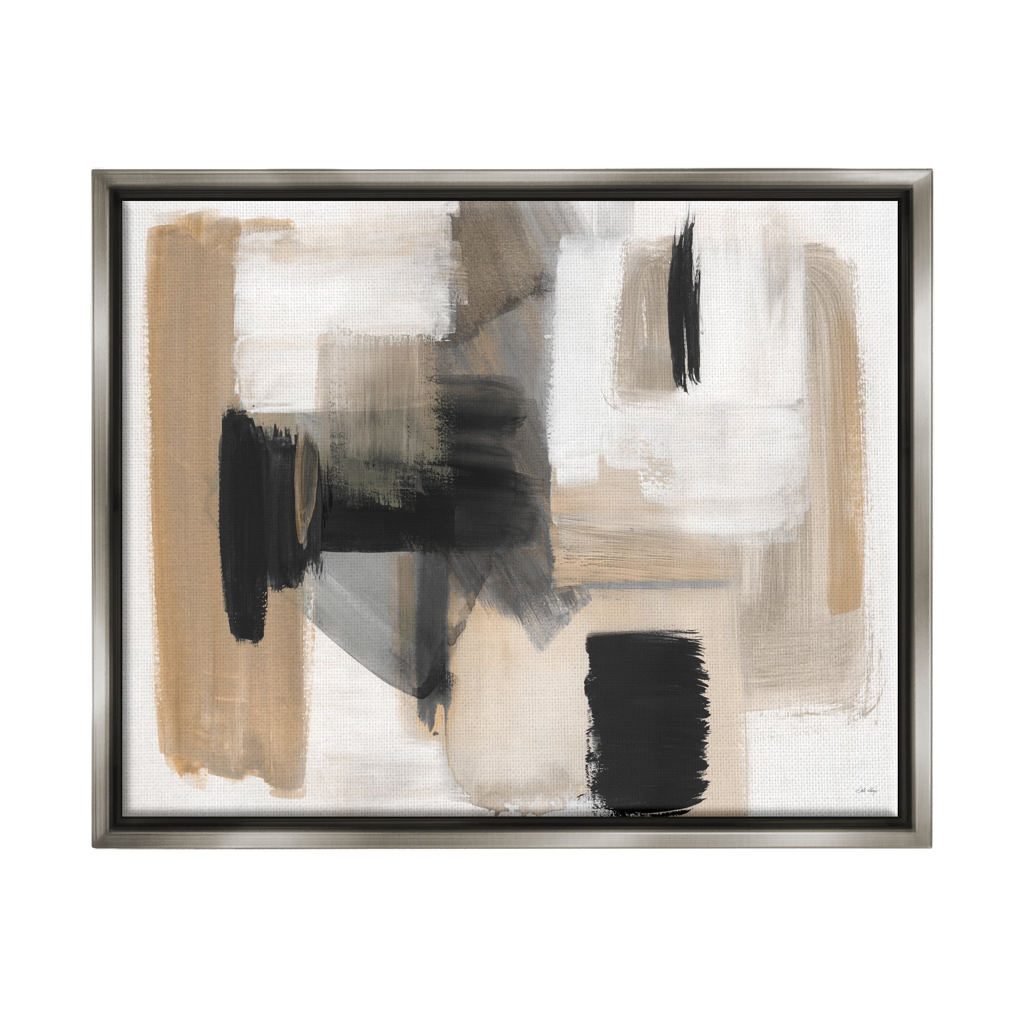Stupell Industries Tan & Black Collage Abstract Painting Gray Floater Framed Canvas Art Print Wall Art, 21 x 17