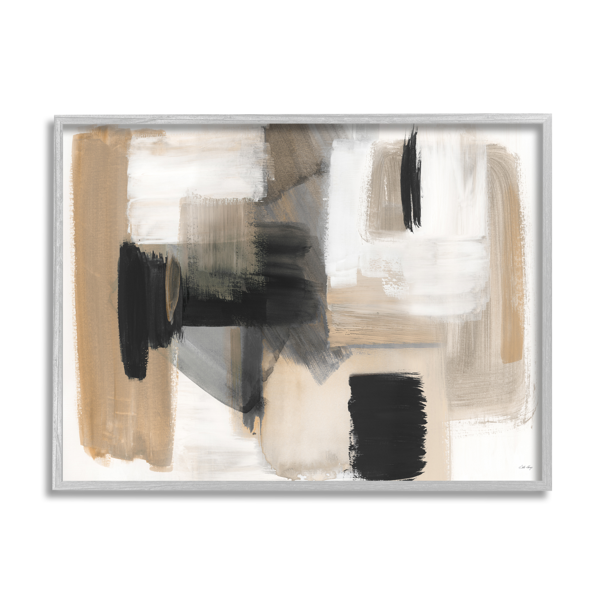 Stupell Industries Tan & Black Collage Abstract Painting Gray Framed Art Print Wall Art, 30 x 24