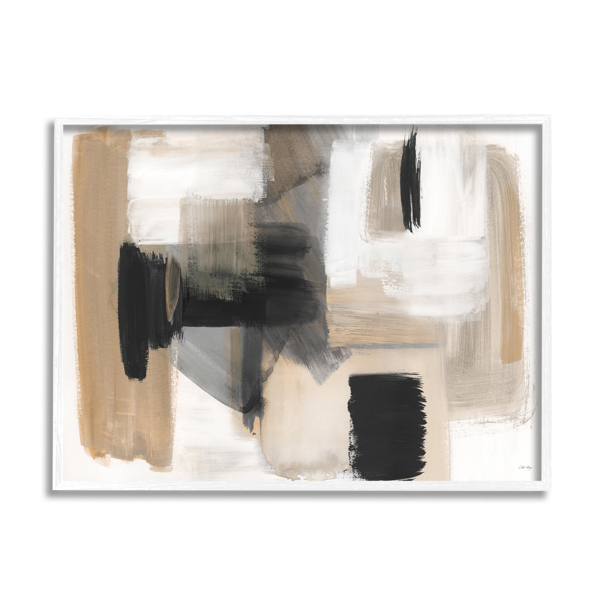 Stupell Industries Tan & Black Collage Abstract Painting White Framed Art Print Wall Art, 20 x 16