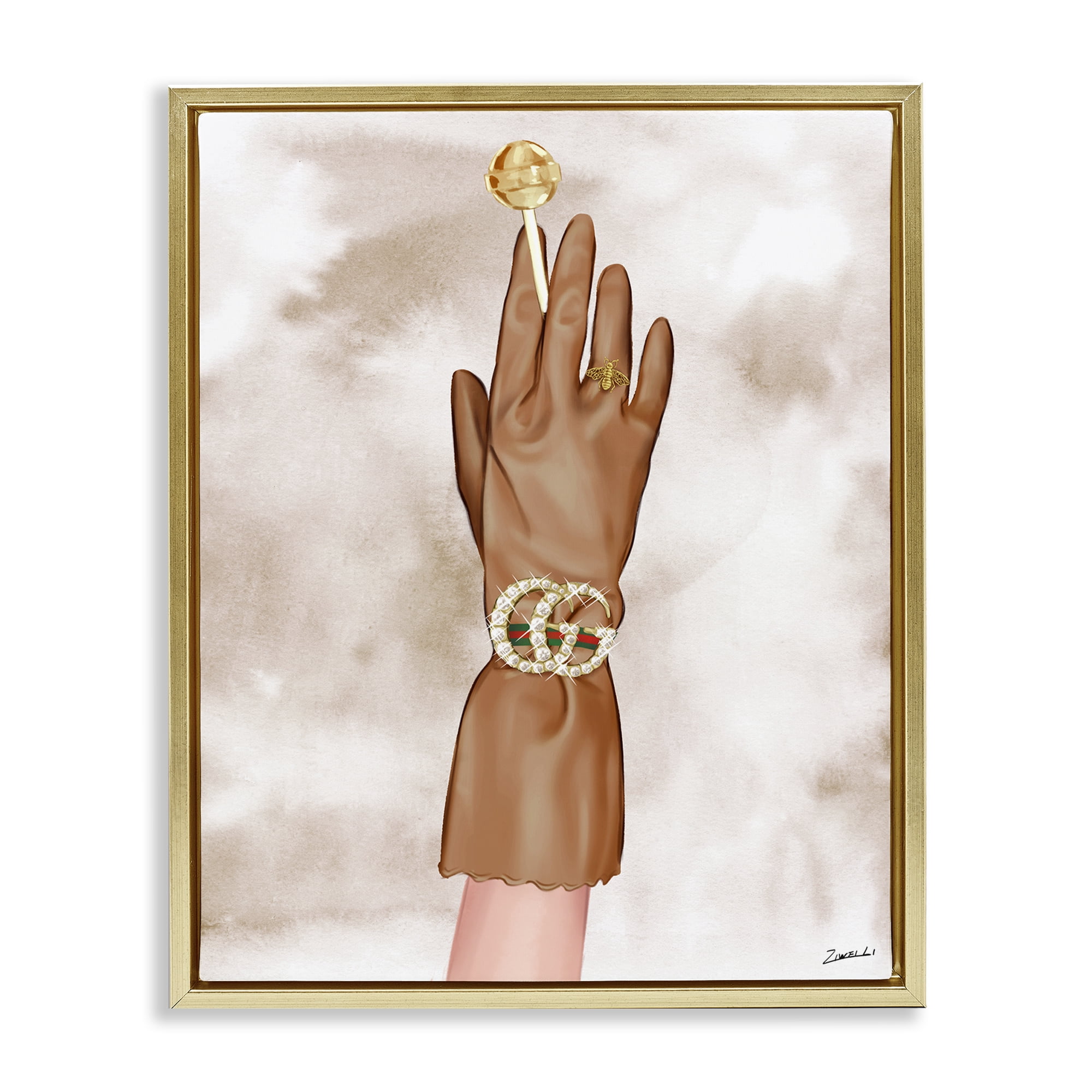 Stupell Industries Tan Glamorous Glove Fashion Painting Gold Floater Framed Canvas Art Print Wall Art, 25 x 31
