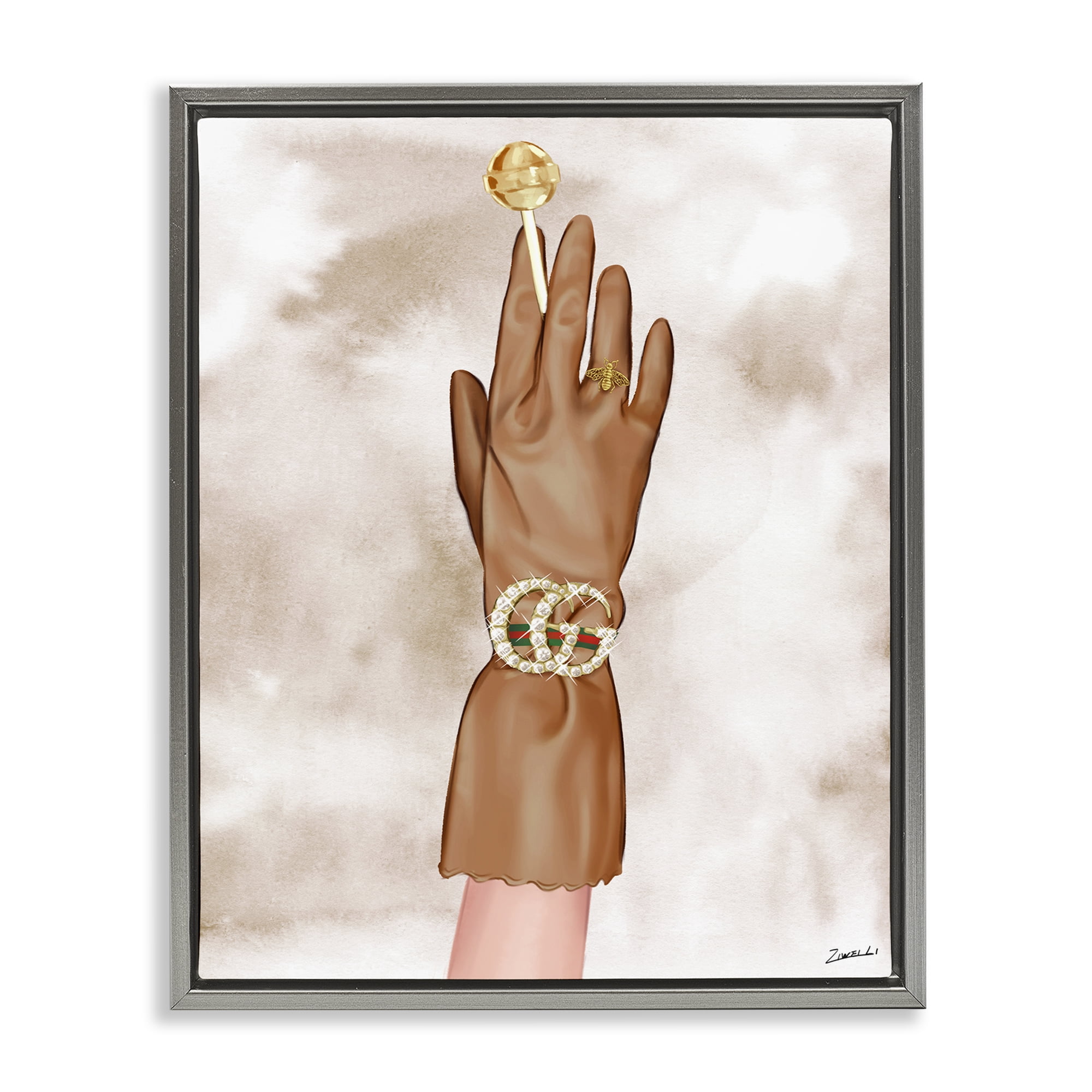 Stupell Industries Tan Glamorous Glove Fashion Painting Gray Floater Framed Canvas Art Print Wall Art, 17 x 21