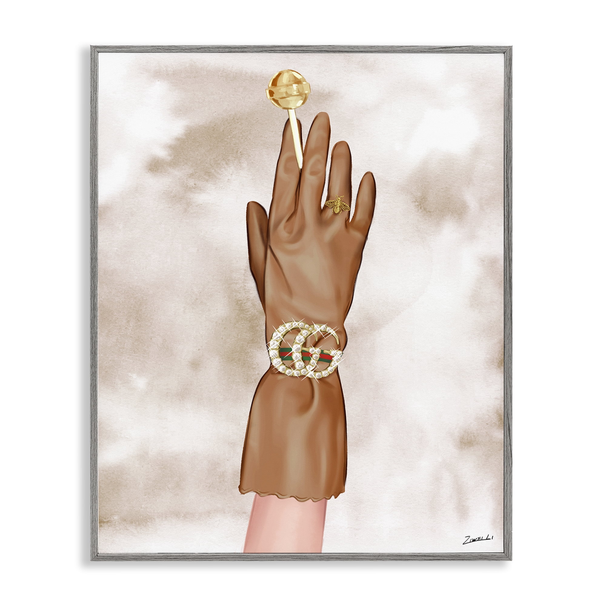 Stupell Industries Tan Glamorous Glove Fashion Painting Gray Framed Art Print Wall Art, 16 x 20