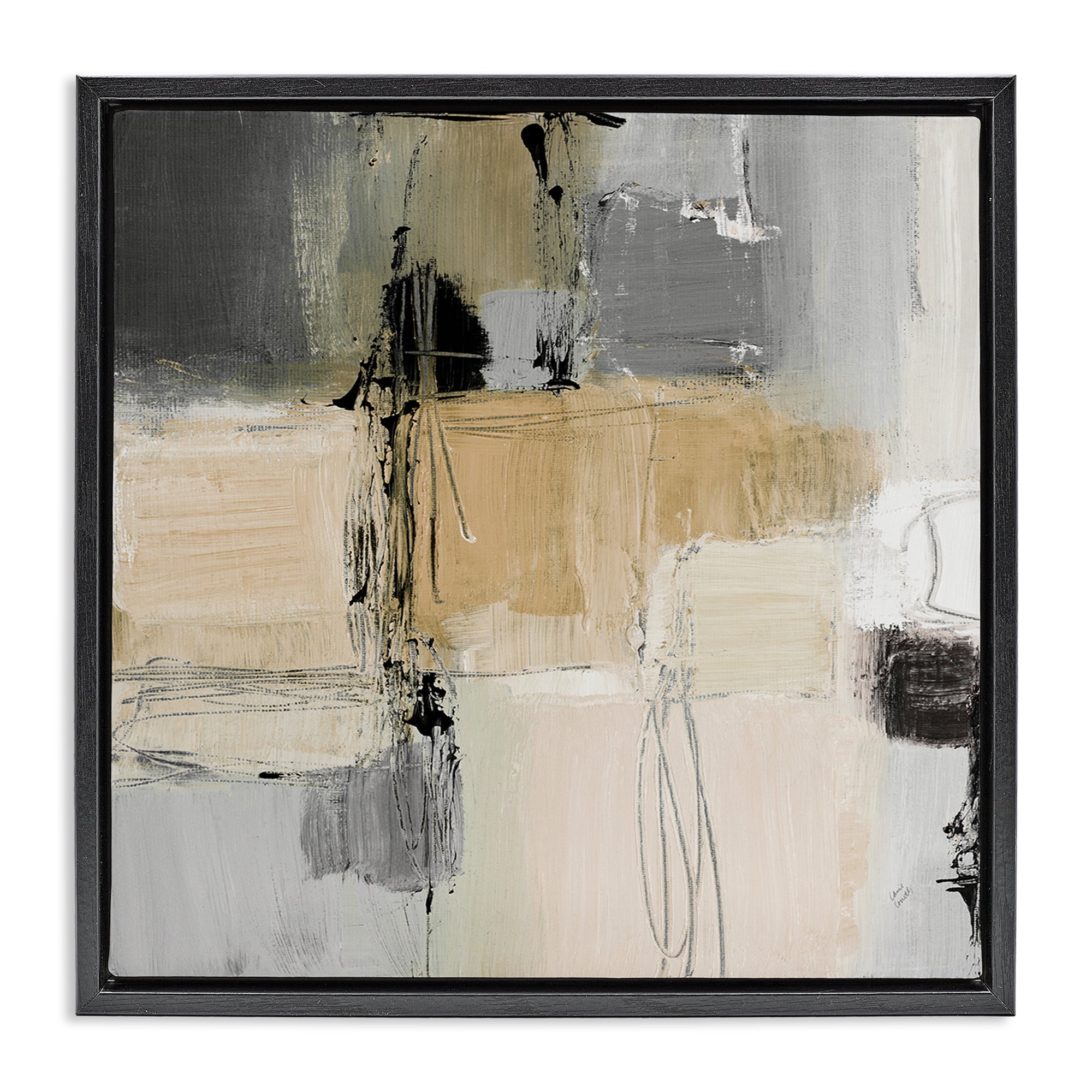 Stupell Industries Tan & Grey Rustic Collage Abstract Painting Black Floater Framed Canvas Art Print Wall Art, 18 x 18