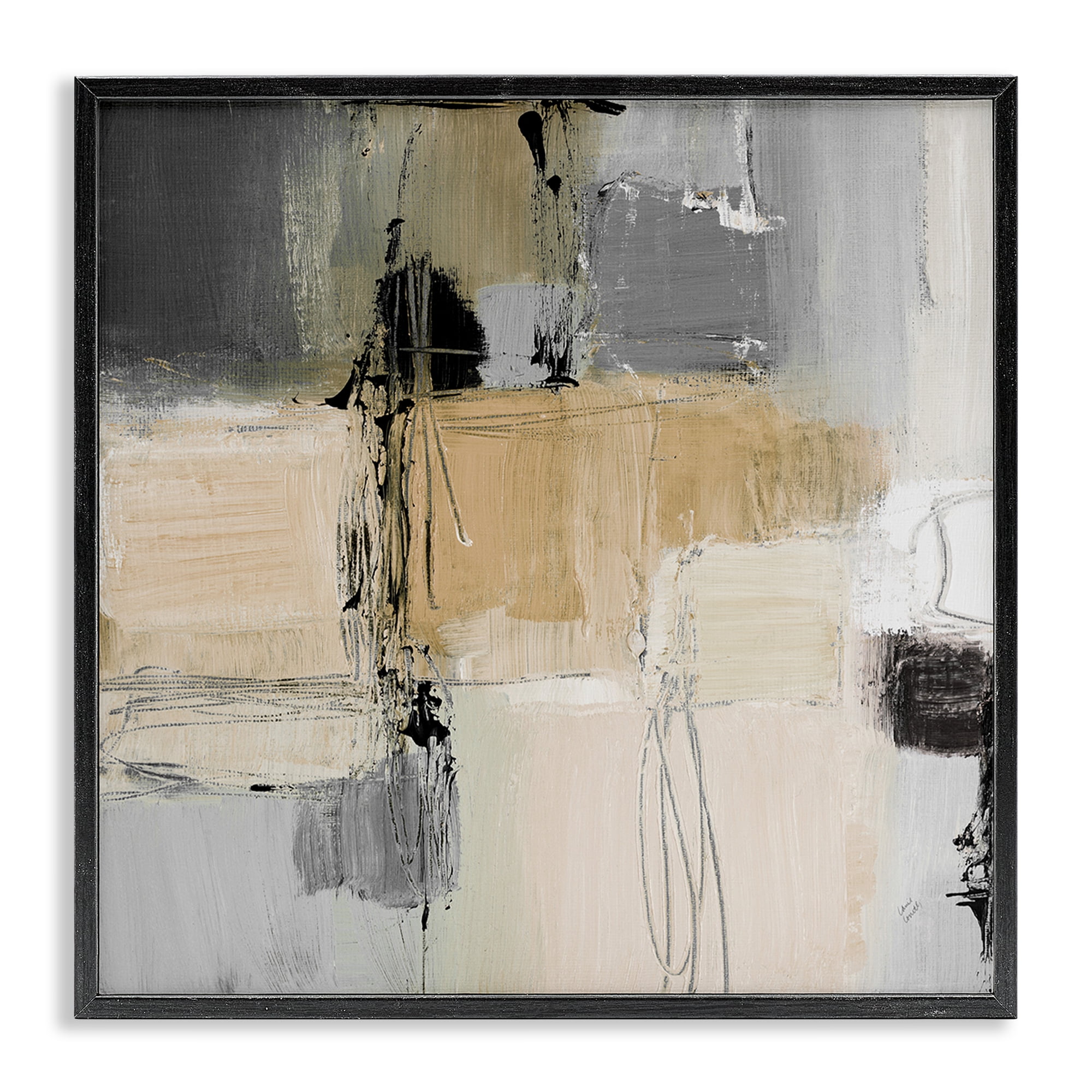 Stupell Industries Tan & Grey Rustic Collage Abstract Painting Black Framed Art Print Wall Art, 24 x 24