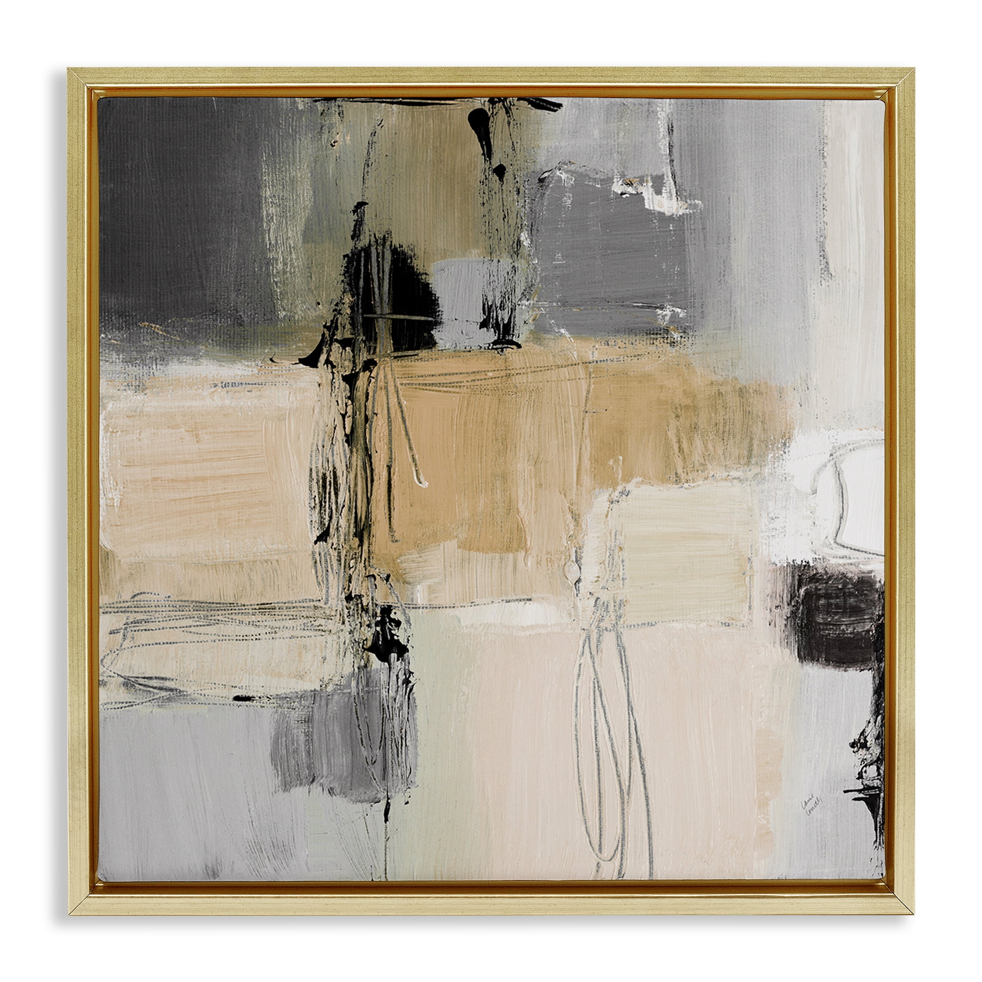 Stupell Industries Tan & Grey Rustic Collage Abstract Painting Gold Floater Framed Canvas Art Print Wall Art, 25 x 25