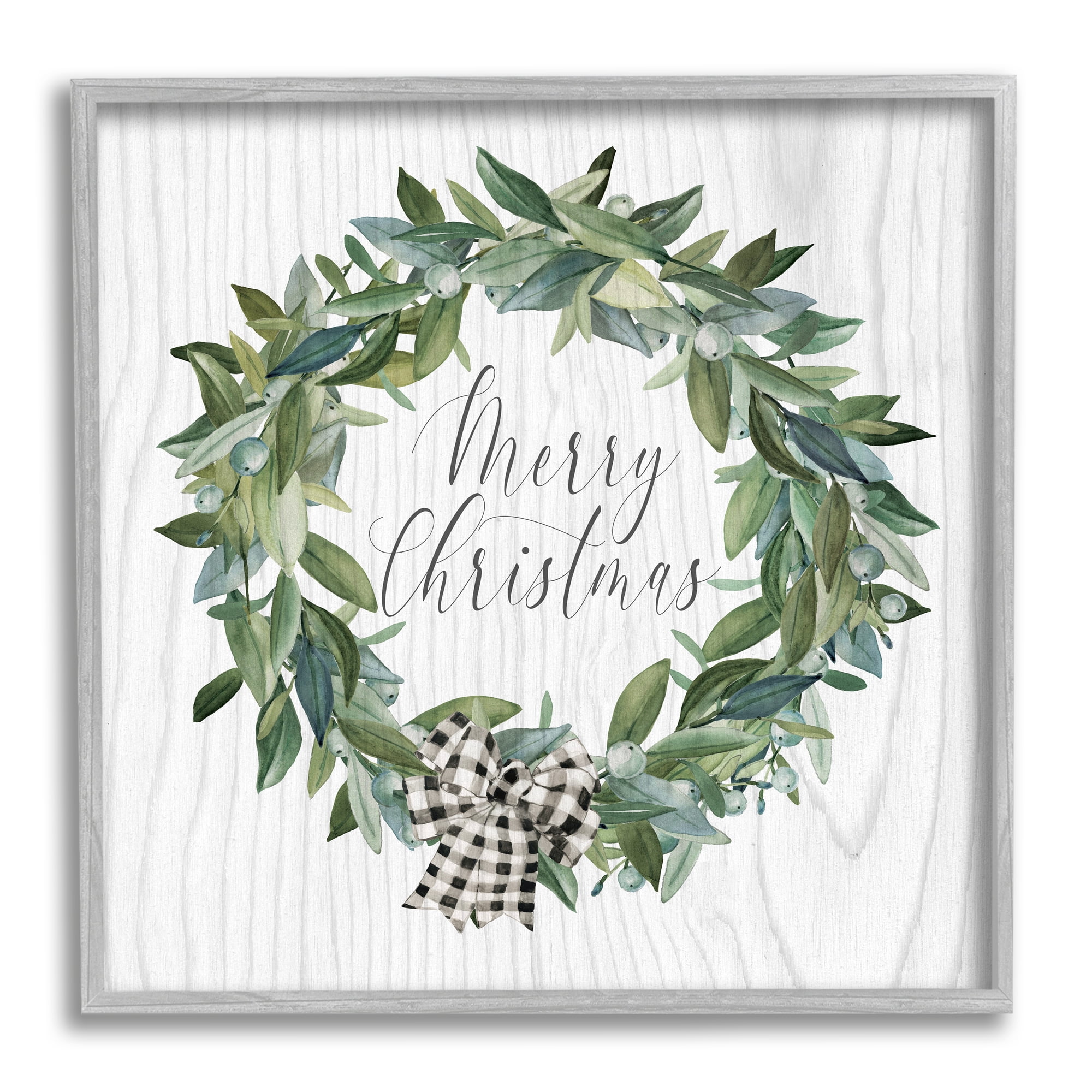 Stupell Industries Tartan Bow Wreath Holiday Painting Gray Framed Art Print Wall Art, 24 x 24
