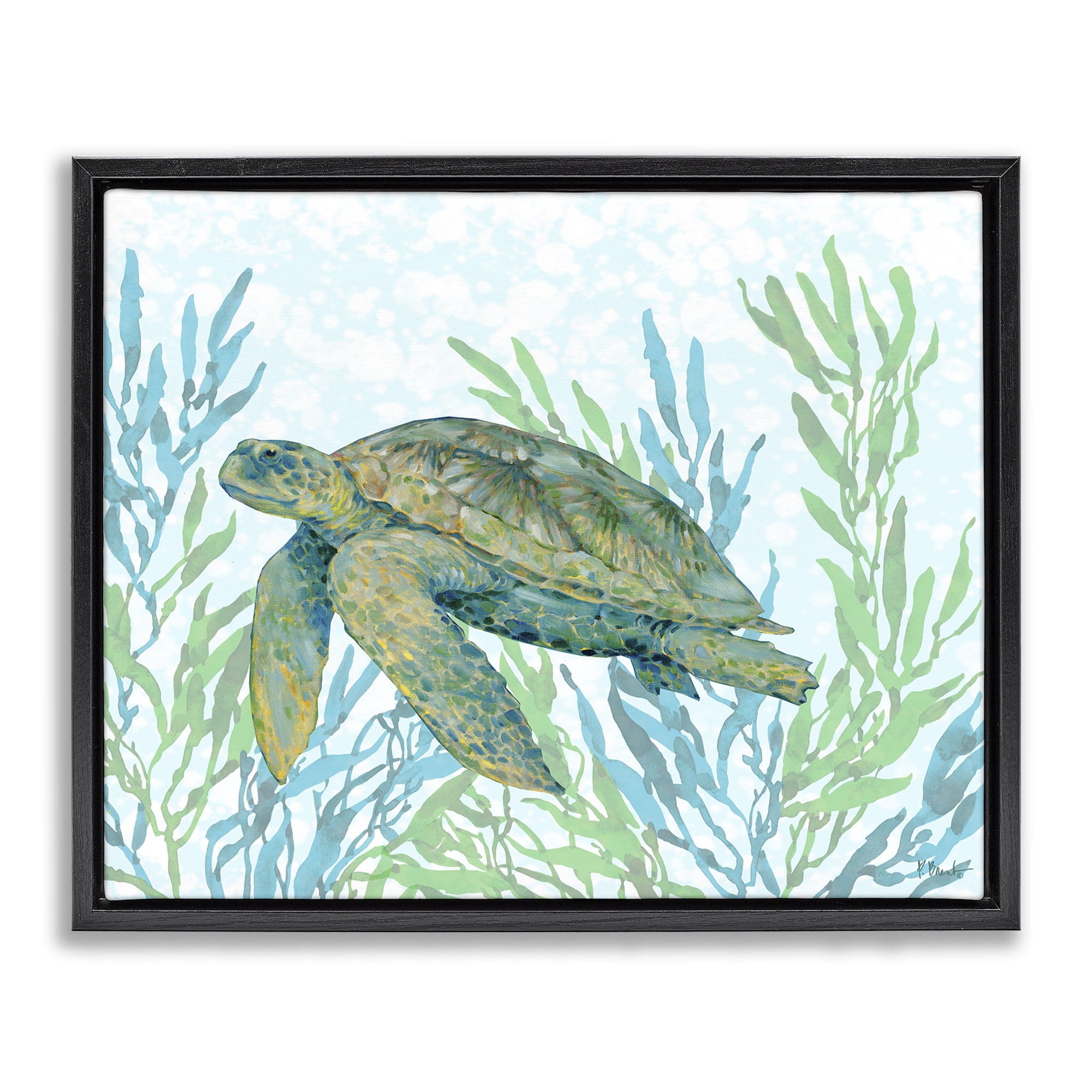 Stupell Industries Tasman Turtle in Seagrass Black Framed Floater Canvas Wall Art, design by Paul Brent