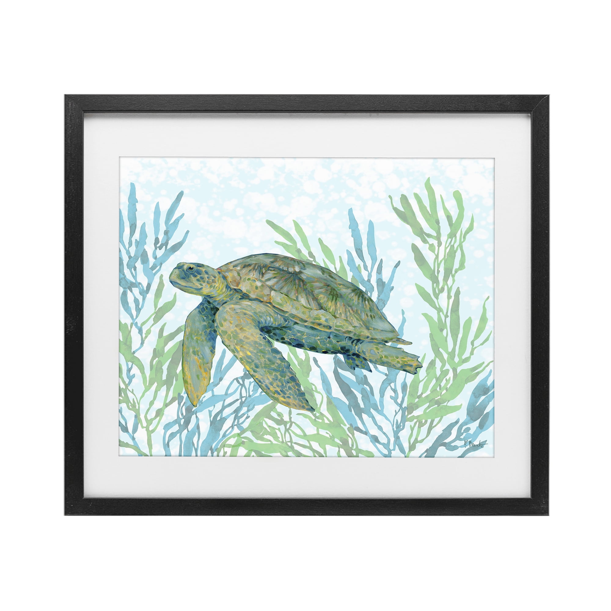 Stupell Industries Tasman Turtle in Seagrass Black Framed Print Under Glass, design by Paul Brent