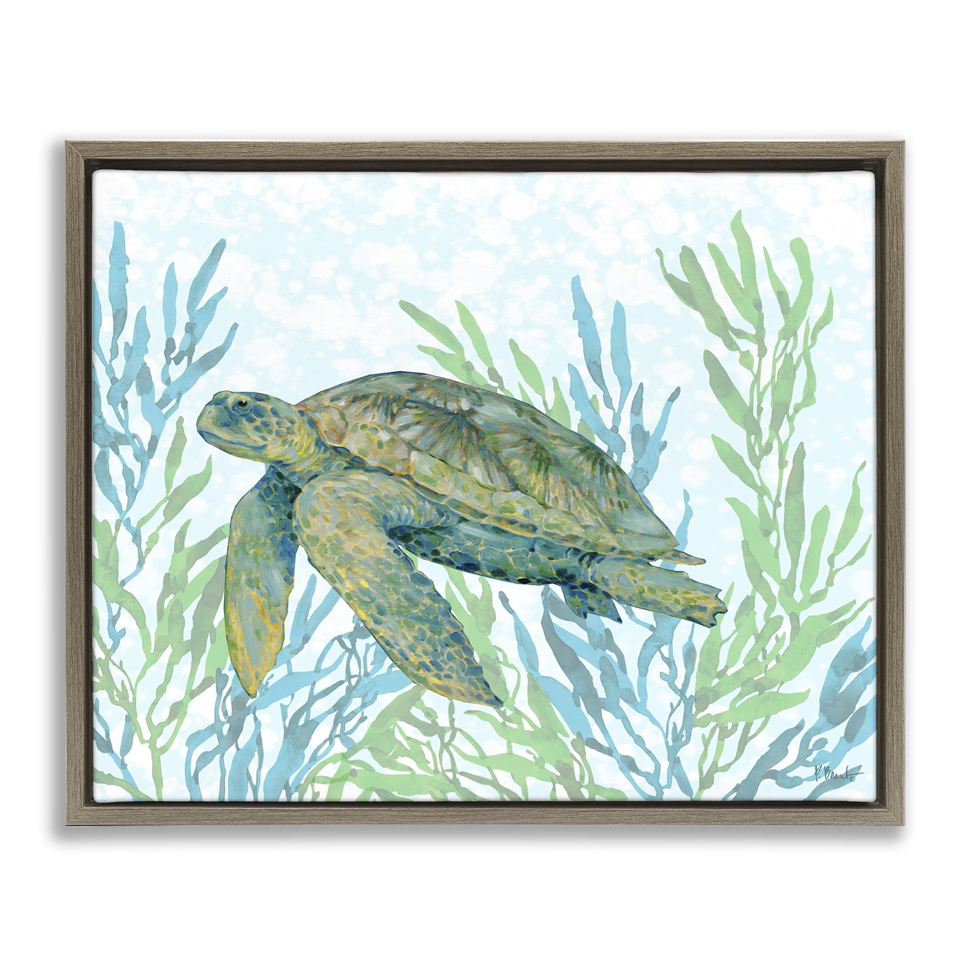 Stupell Industries Tasman Turtle in Seagrass Brown Framed Floater Canvas Wall Art, design by Paul Brent