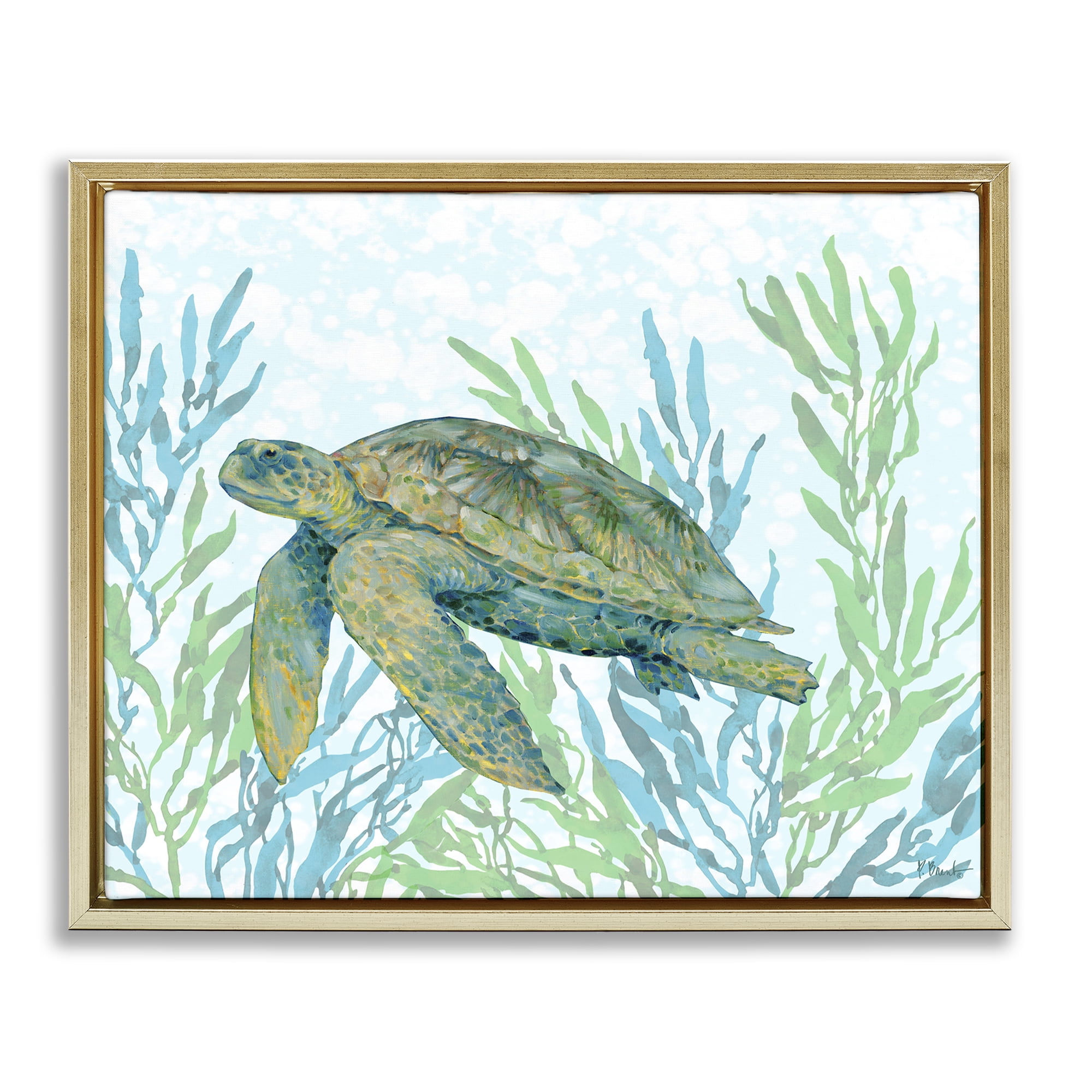 Stupell Industries Tasman Turtle in Seagrass Gold Framed Floater Canvas Wall Art, design by Paul Brent