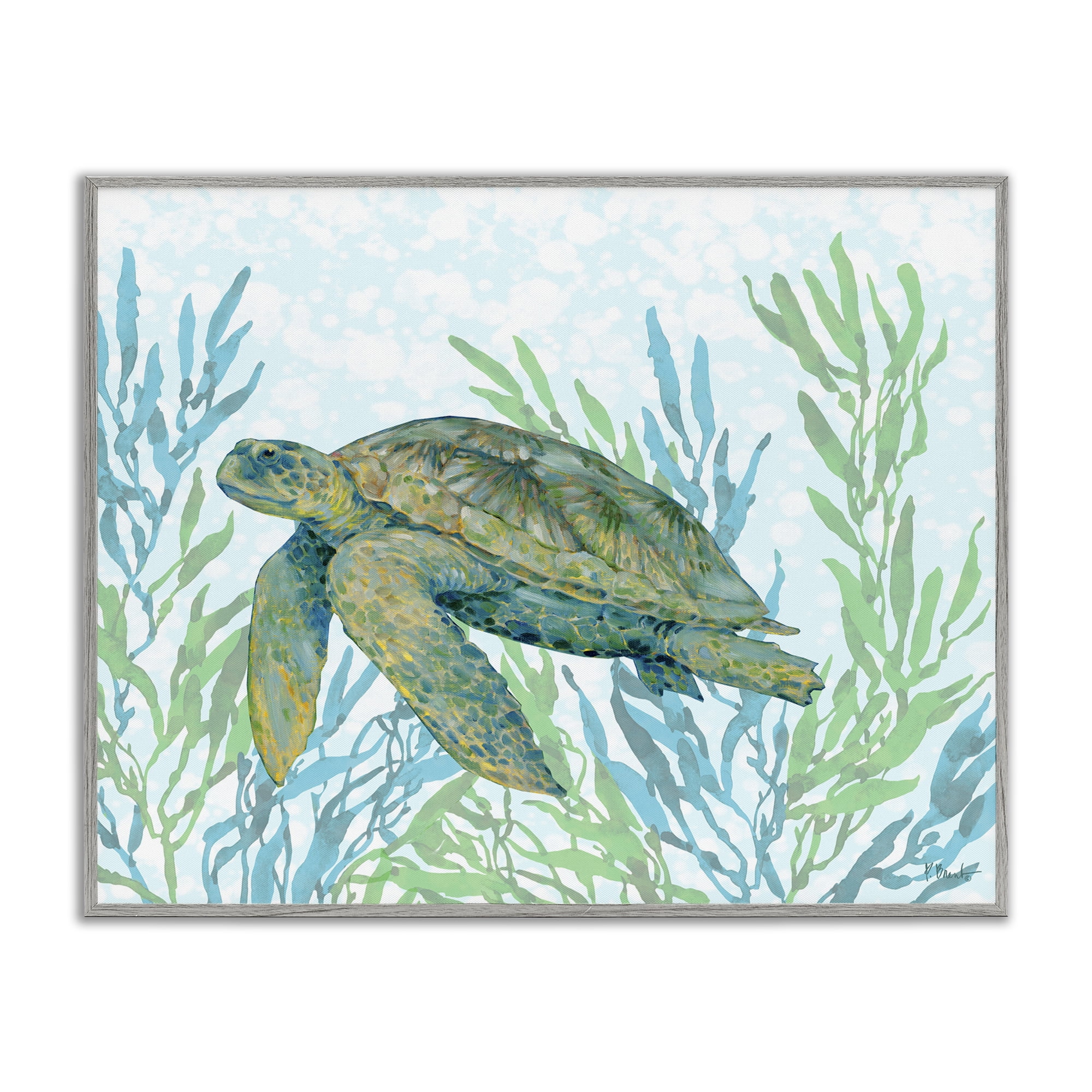 Stupell Industries Tasman Turtle in Seagrass Gray Framed Giclee Art, design by Paul Brent