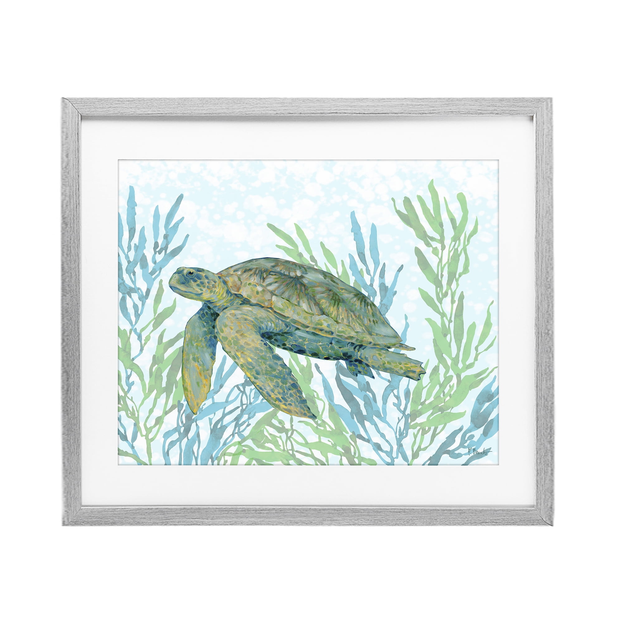Stupell Industries Tasman Turtle in Seagrass Gray Framed Print Under Glass, design by Paul Brent