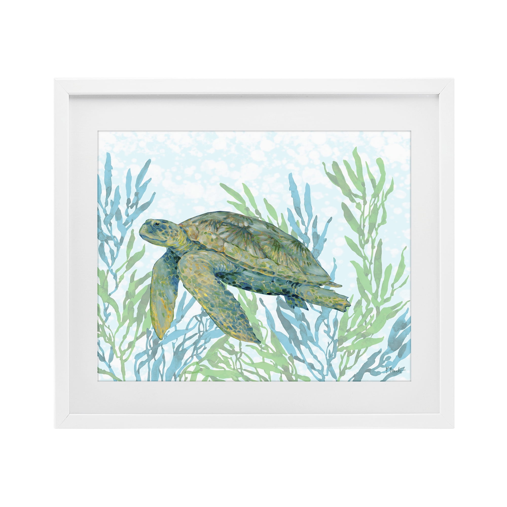 Stupell Industries Tasman Turtle in Seagrass White Framed Print Under Glass, design by Paul Brent
