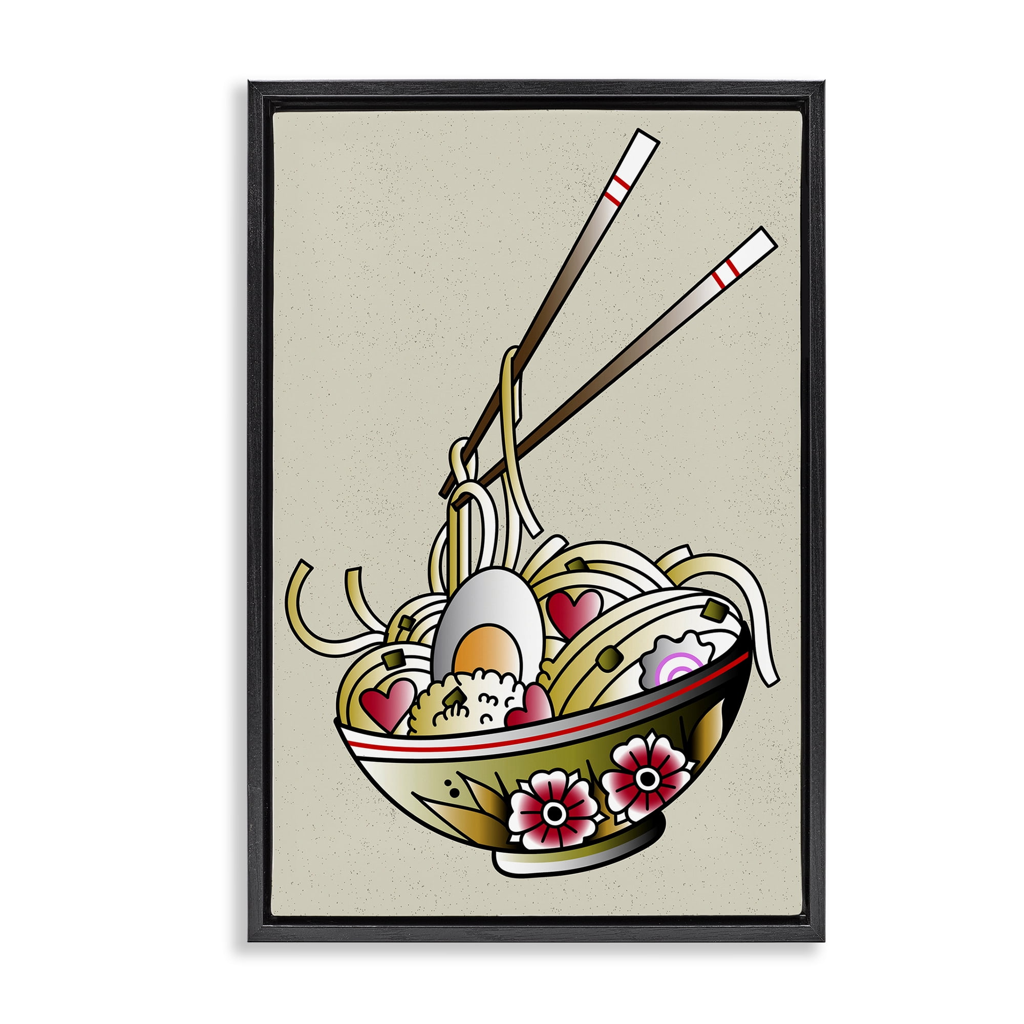 Stupell Industries Tattoo Style Ramen Bowl Food & Beverage Painting Black Floater Framed Canvas Art Print Wall Art, 17 x 25