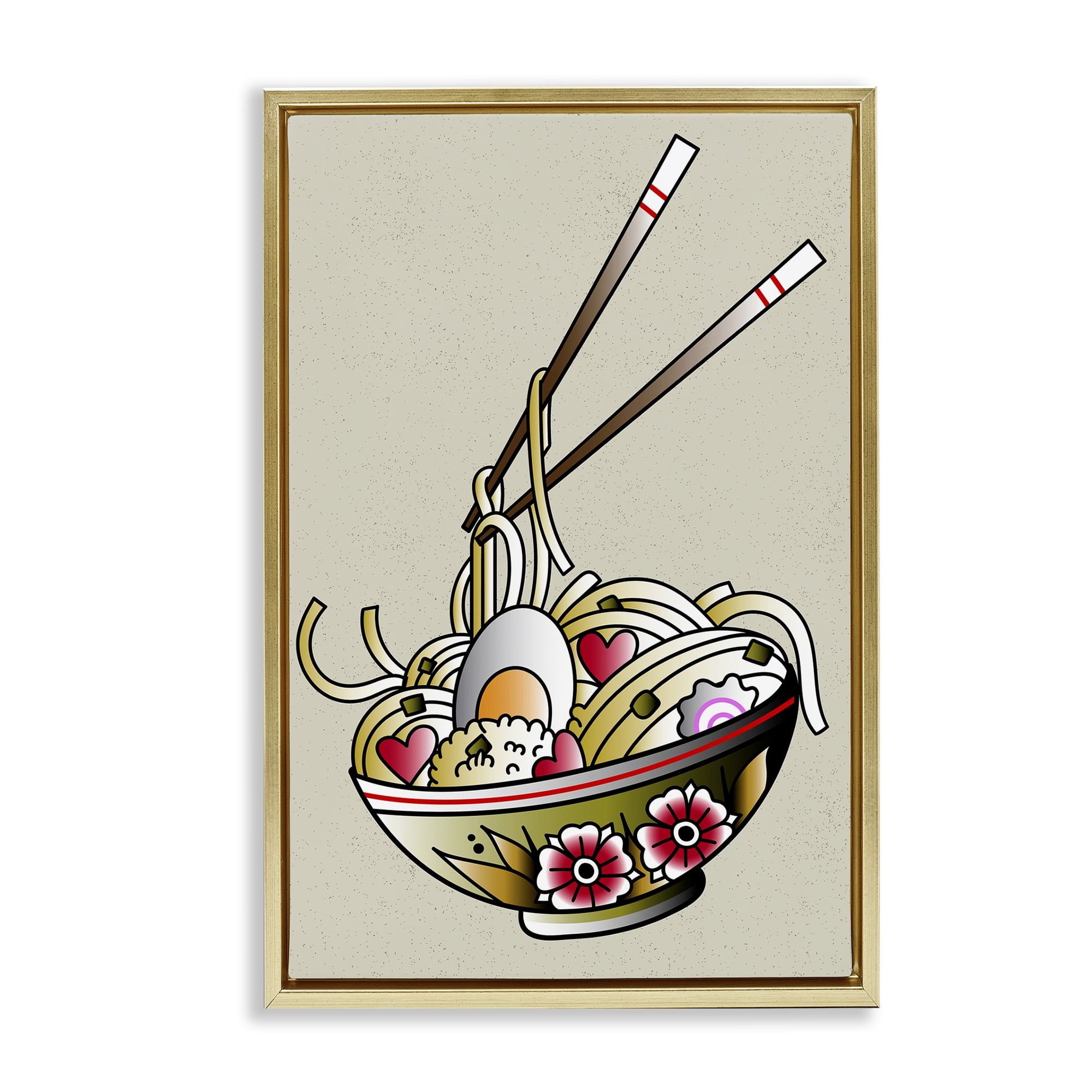 Stupell Industries Tattoo Style Ramen Bowl Food & Beverage Painting Gold Floater Framed Canvas Art Print Wall Art, 17 x 25