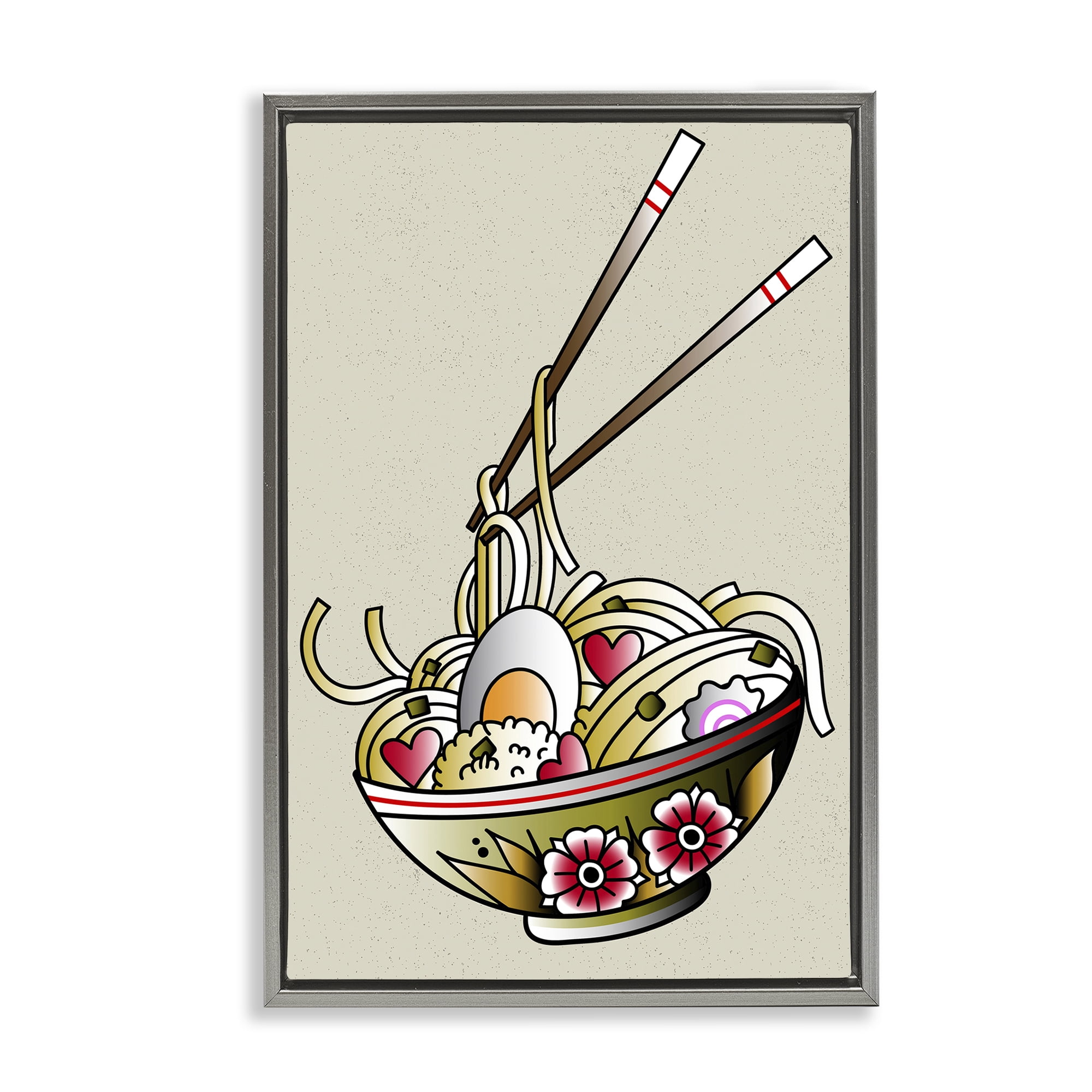 Stupell Industries Tattoo Style Ramen Bowl Food & Beverage Painting Gray Floater Framed Canvas Art Print Wall Art, 17 x 25