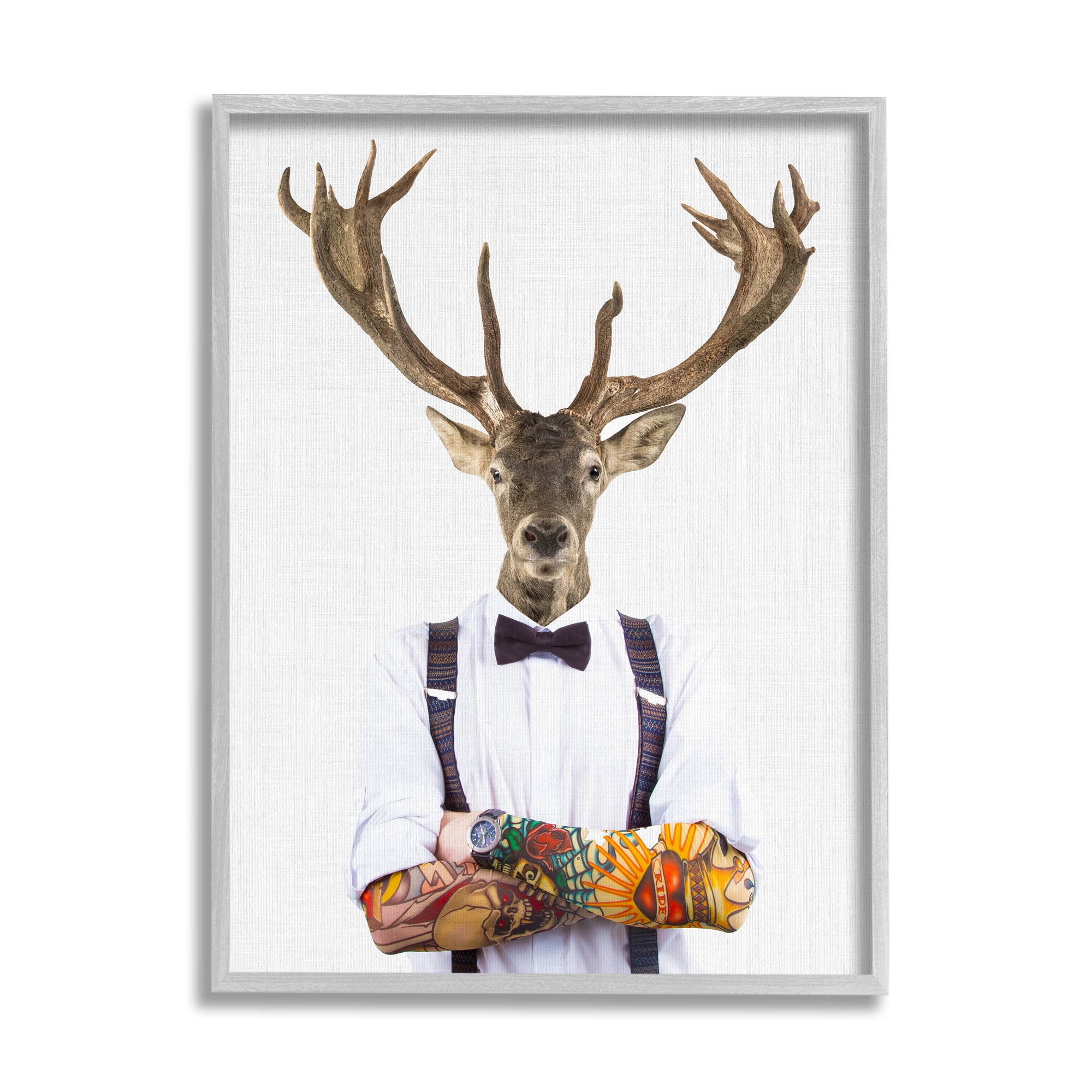 Stupell Industries Tattooed Hipster Deer Antlers Suspenders Bowtie Outfit Framed Wall Art, 11 x 14, Design by Tai Prints